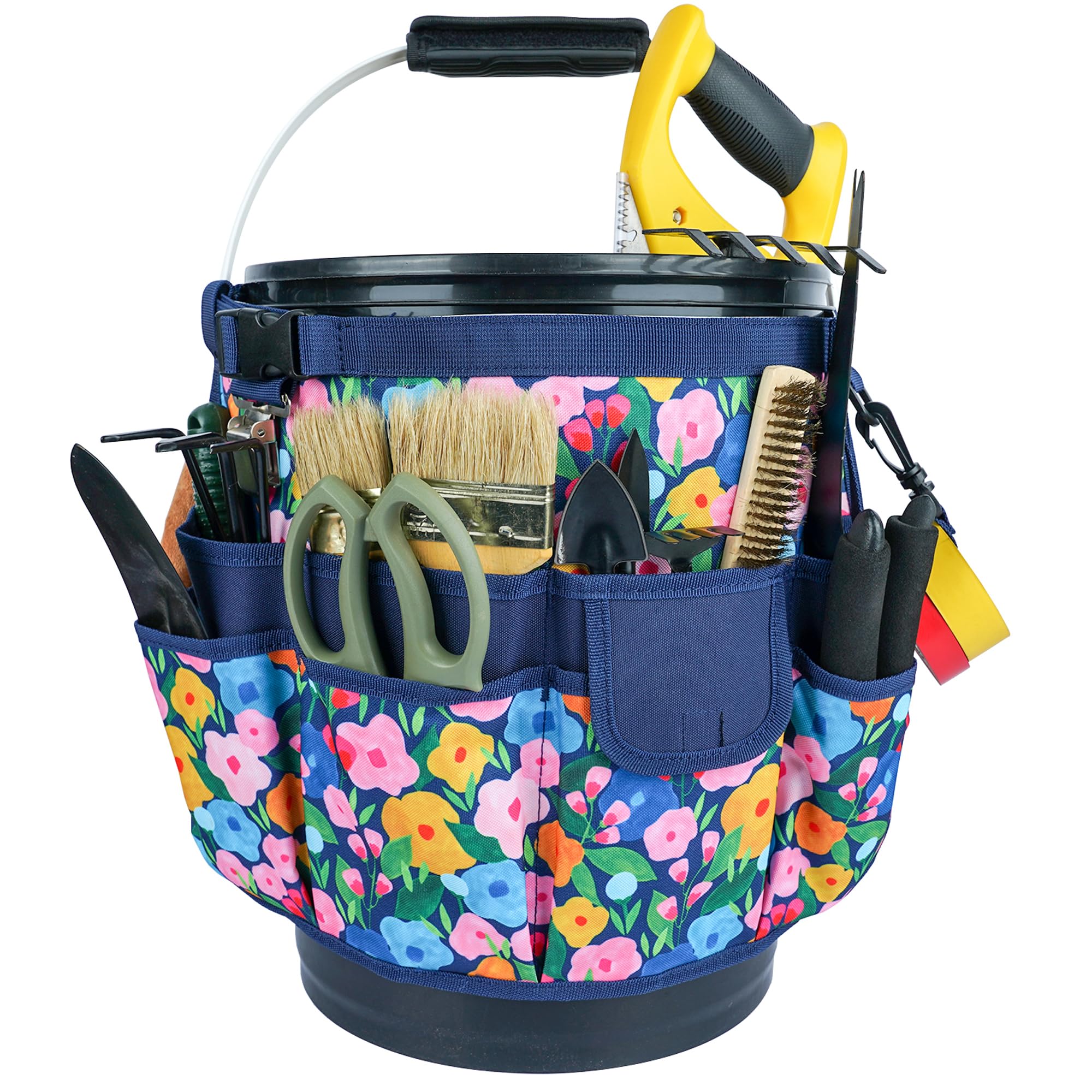 MELOTOUGH Bucket Organizer for Garden Tools - Fits 3.5 to 5 Gallon Buckets, Heavy Duty Tool Holder with Blue Flower Design - Perfect for Gardening, DIY Projects & Workshop Organization