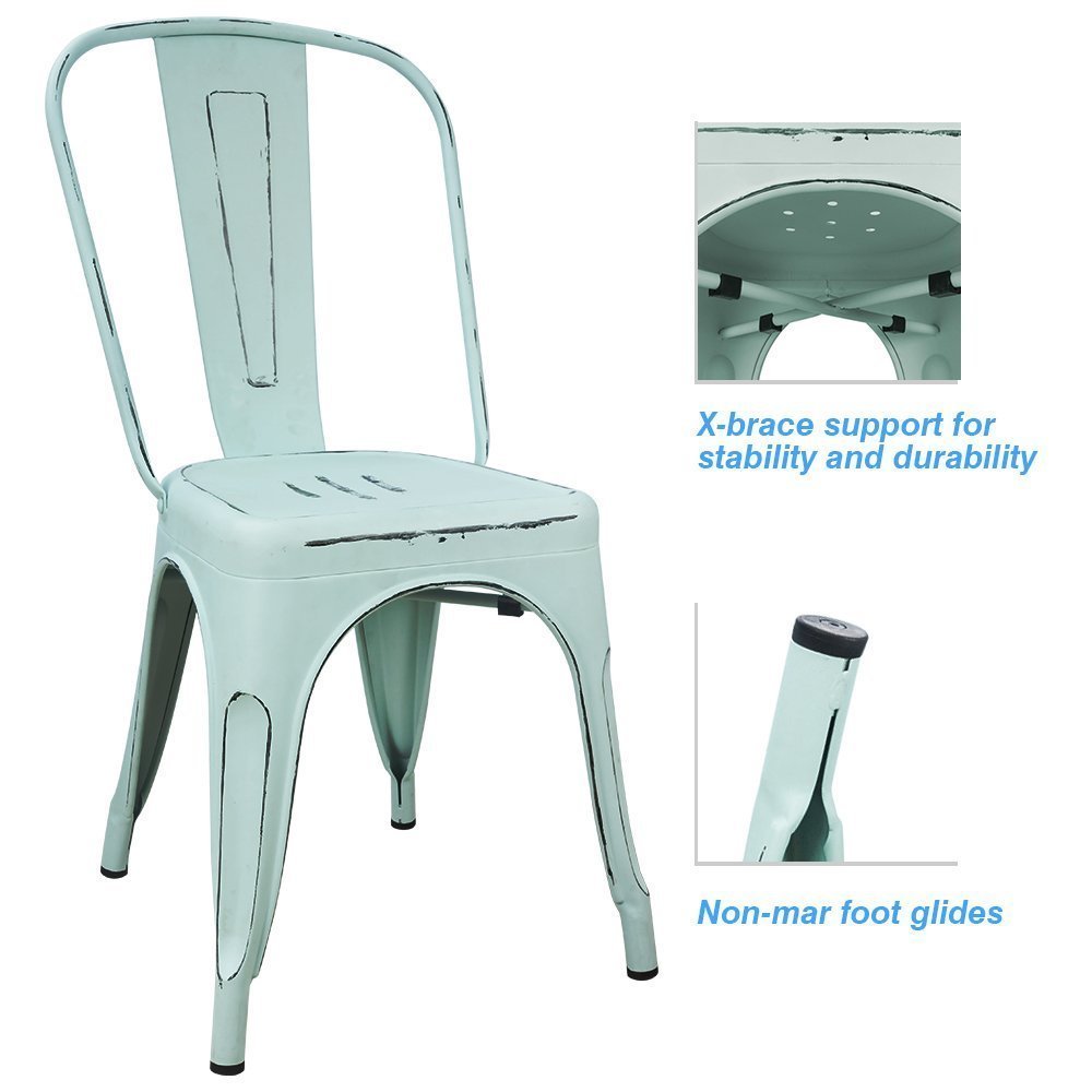 **Distressed Blue Metal Stackable Dining Chairs Set of 4 - Indoor & Outdoor Kitchen, Patio, Restaurant & Cafe Use - Rustic Farmhouse Style Side Chairs with Back Support**