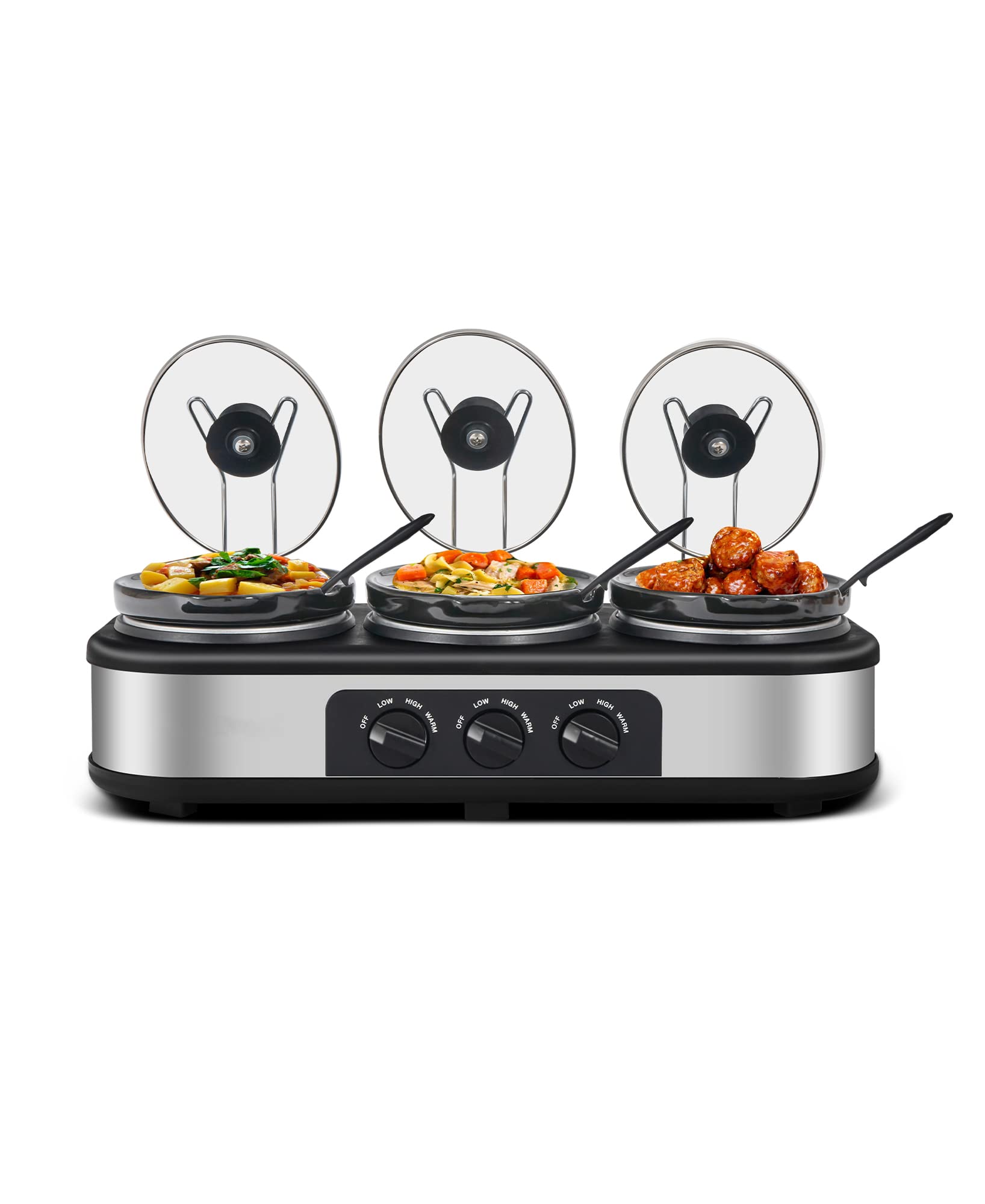 3-in-1 Stainless Steel Triple Slow Cooker with 3x1.5Qt Removable Bowls, Tempered Glass Lids & Adjustable Temperature Control - Perfect for Breakfast Buffets, Party Serving & Food Warming - Dishwasher Safe & Space-Saving Design