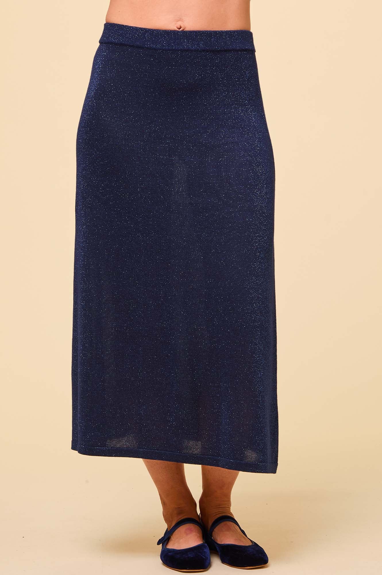 Metallic Knit Skirt for Women - Navy Blue Stretchy Midi Skirt with High Waist | Perfect for Office Wear, Party Outfits & Casual Dates