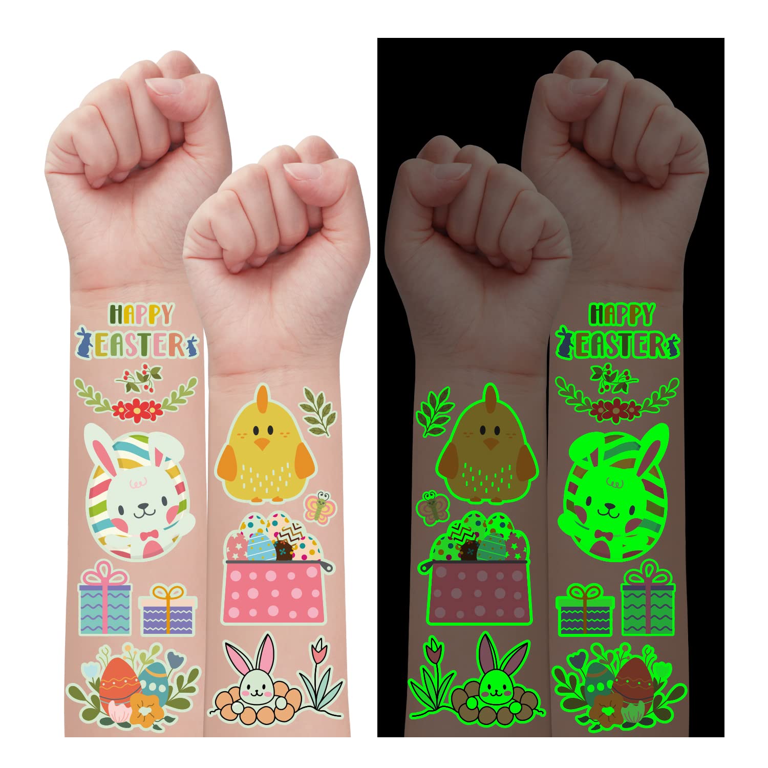 28 Sheets (260 Styles) Glow in the Dark Easter Tattoos for Kids - Fun Easter Party Favors & Basket Stuffers for Boys and Girls - Perfect for Easter Egg Hunts, Birthday Parties & Holiday Celebrations