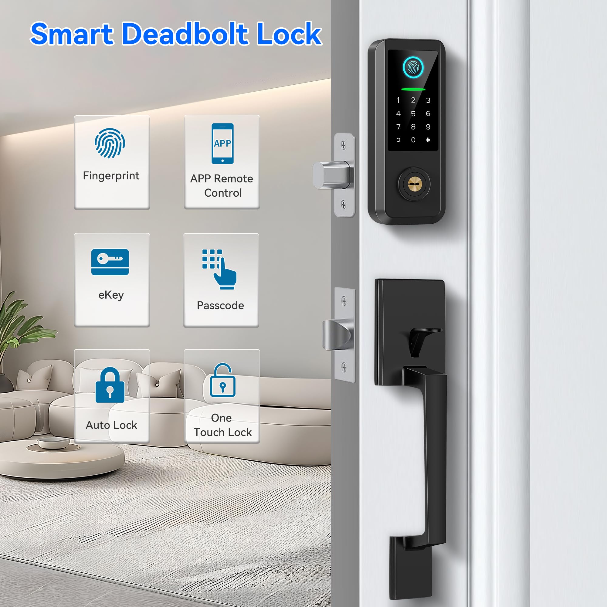 Smart Fingerprint Door Lock with Keypad & Bluetooth - 5-in-1 Keyless Entry Deadbolt with Auto Lock & Handle Set (Black) - Perfect for Home Security & Smart Access Control