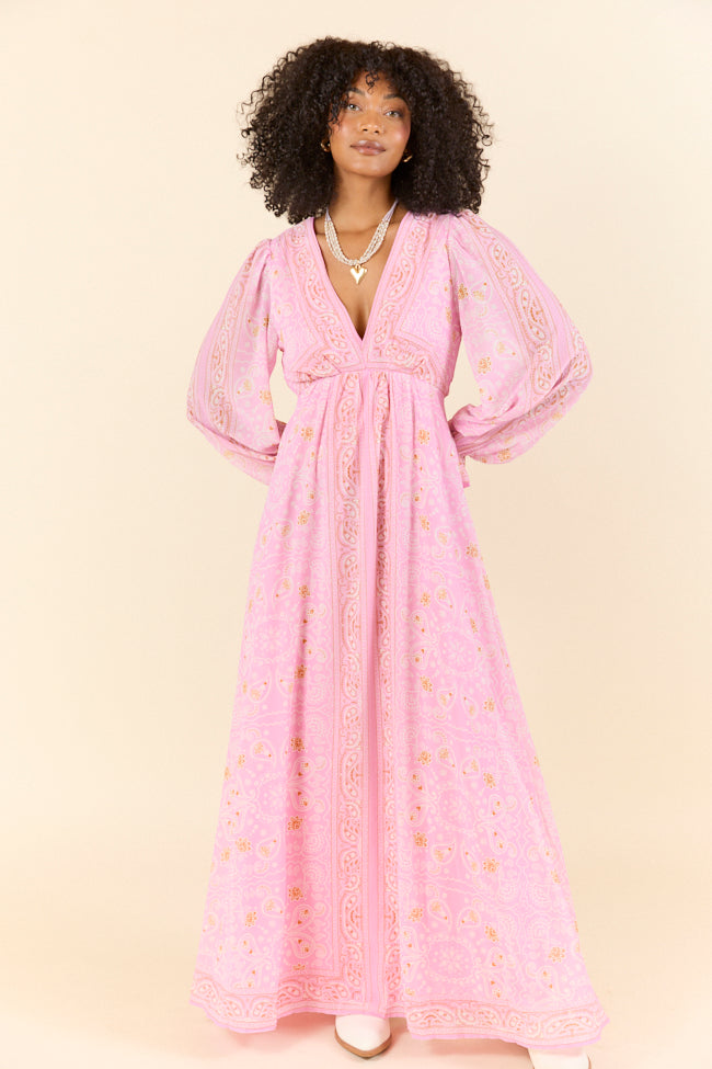 Stylish Rustic Rose Pink Bandana Print Maxi Dress - Flowy & Comfortable for Summer, Beach, and Boho Fashion