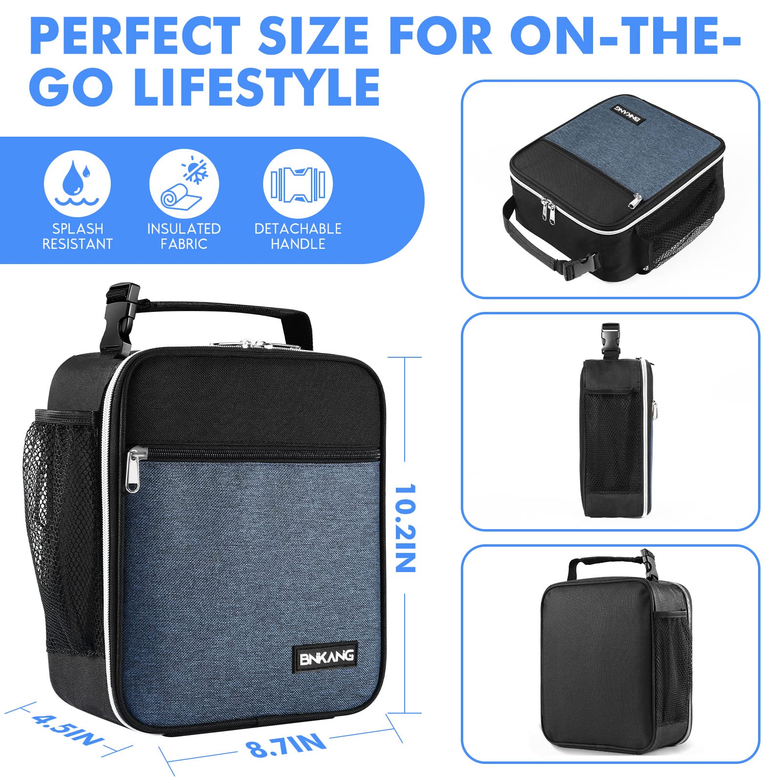 Insulated Lunch Box for Adults - Reusable & Durable Small Lunch Bag Tote for Men & Women (Black with Blue) | Perfect for Work, School, Picnics & Outdoor Activities