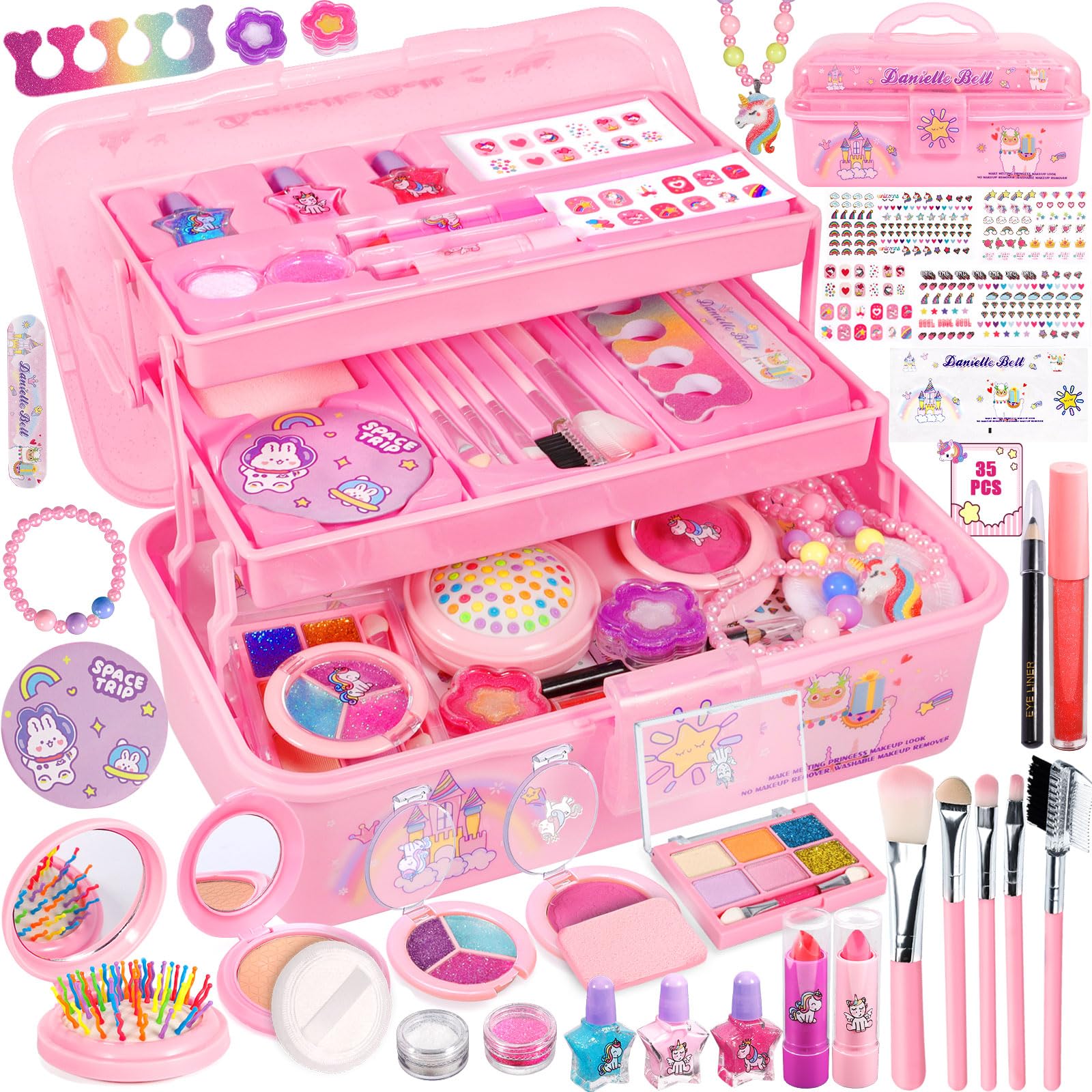 Kids Makeup Kit - 35 Pcs Washable Cosmetics for Girls, Non-Toxic Princess Beauty Gift for Ages 3-10+ | Dress-Up & Pretend Play