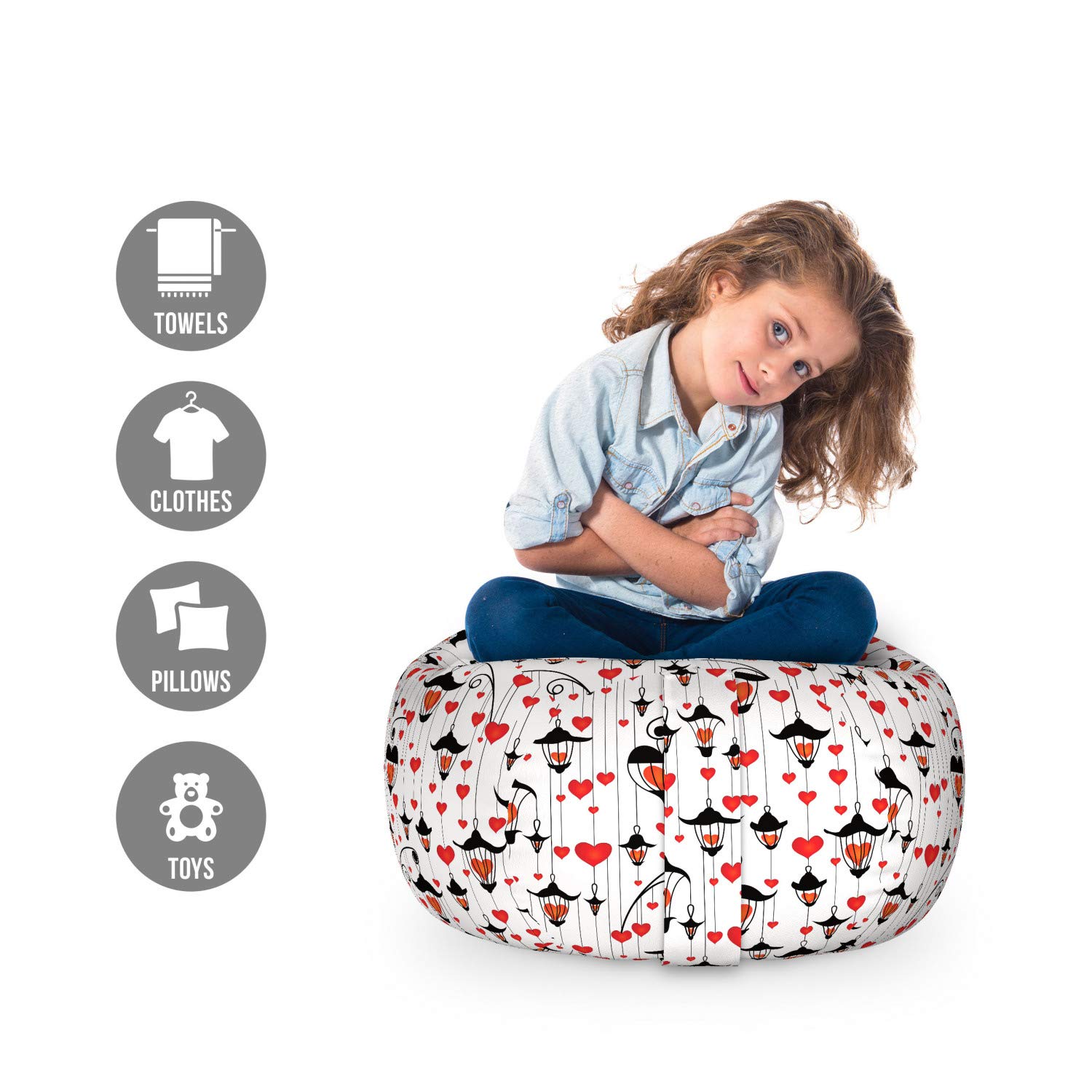Ambesonne Love Themed Toy Storage Bag Chair - Valentine's Day Heart Print Organizer for Stuffed Animals, Washable Small Size in Vermilion & Scarlet - Perfect for Kids' Room, Nursery, or Playroom Organization