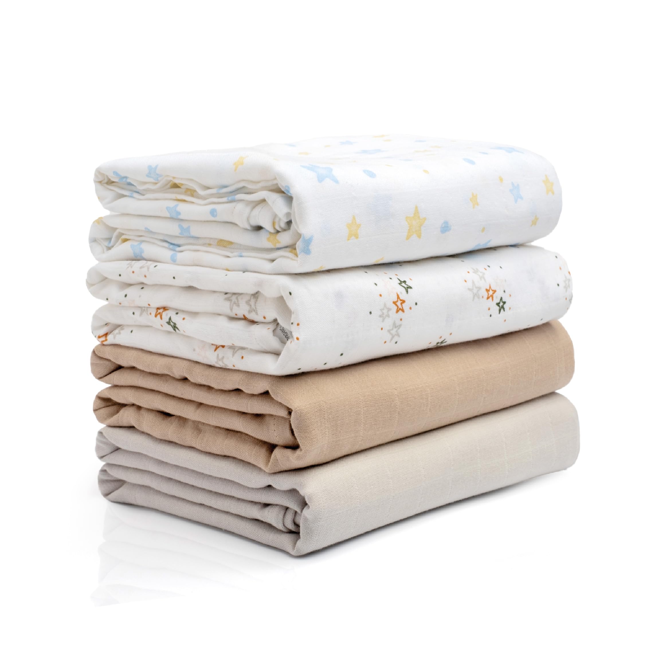 GOTS Certified 100% Organic Cotton Baby Swaddle Blankets - 2-Layered 47x47 Inch Receiving Blankets for Newborns (4 Pack, Solids & Stars) | Soft, Breathable & Hypoallergenic for Boys & Girls | Perfect for Swaddling, Nursing, Stroller & Registry Essentials