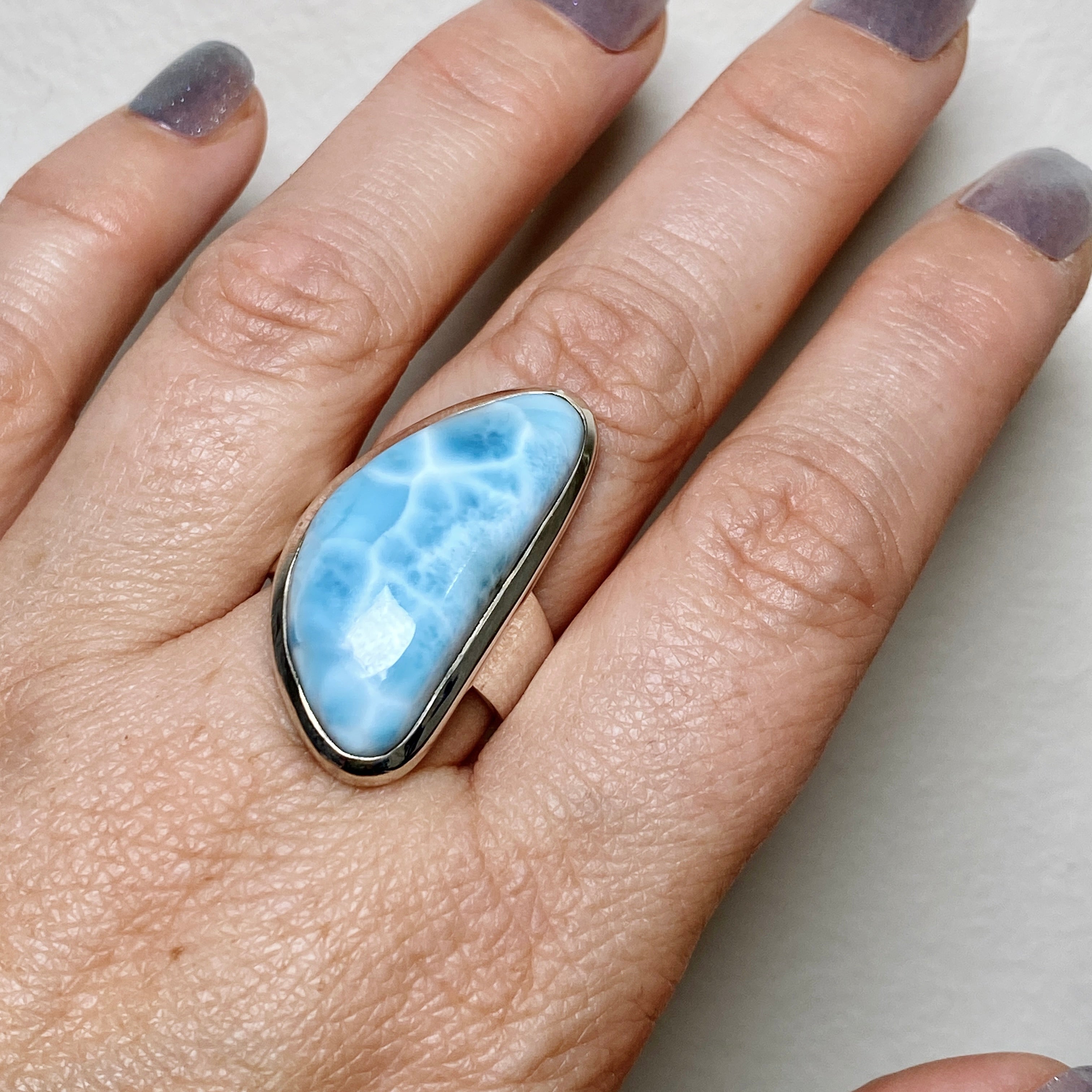 Larimar Freeform Cabochon Ring - Size 7.5 - Handcrafted Sterling Silver Jewelry - Perfect for Boho Fashion, Beach Wedding & Everyday Wear