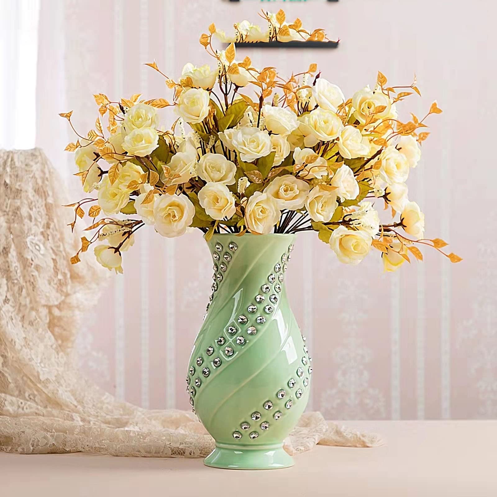 Nordic Style Minimalist Modern Handcrafted Diamond Ceramic Vase - Green Large Home Decor for Living Room, Office Desk & Wedding Centerpiece | Elegant Floral Arrangement Display