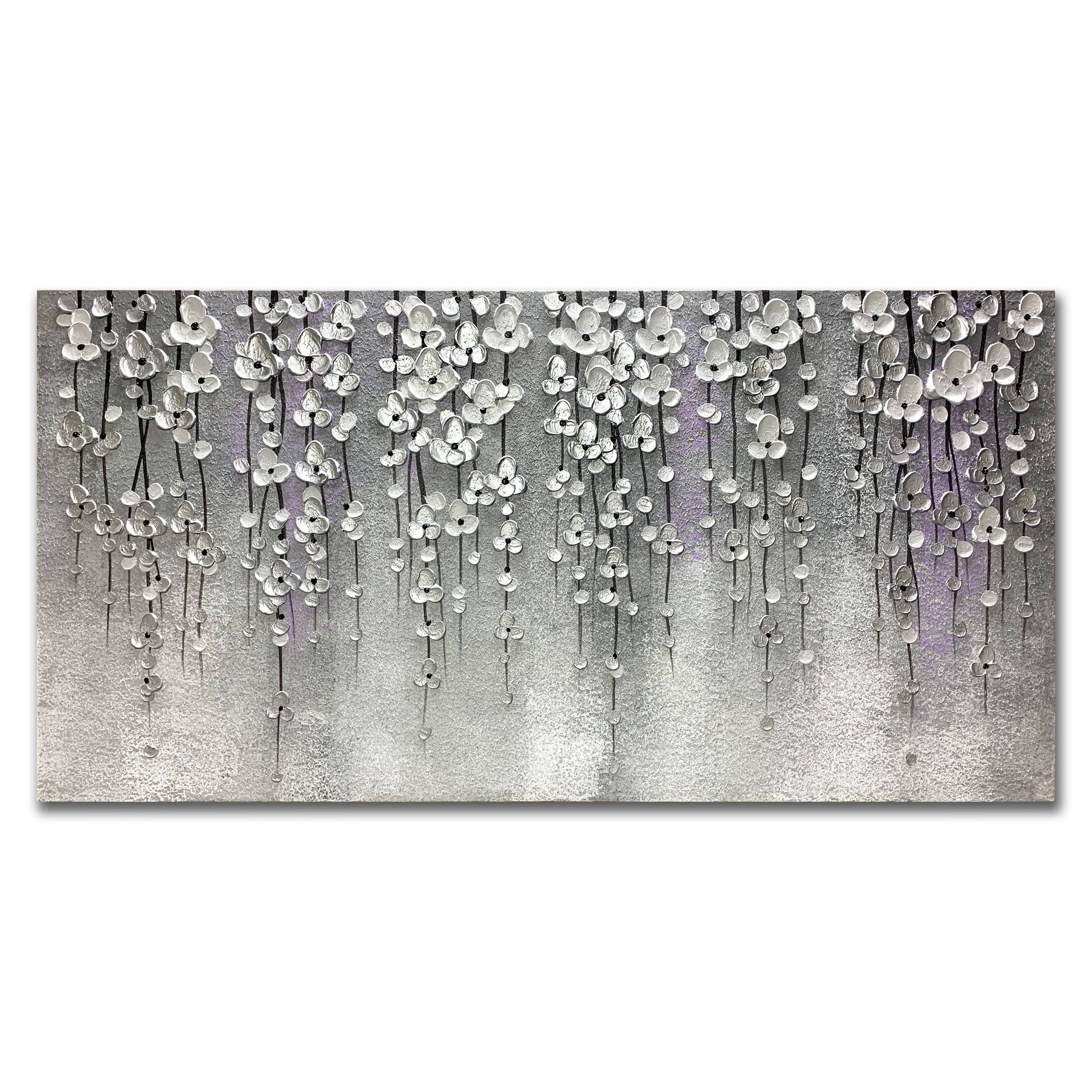 Yika Art 24x48 Inch Modern Abstract Oil Painting - Hand Painted Canvas Wall Art Decor for Living Room, Bedroom & Office - Silver Flower 3D Artwork (Grey) | Perfect for Home Decor, Housewarming Gifts & Interior Design