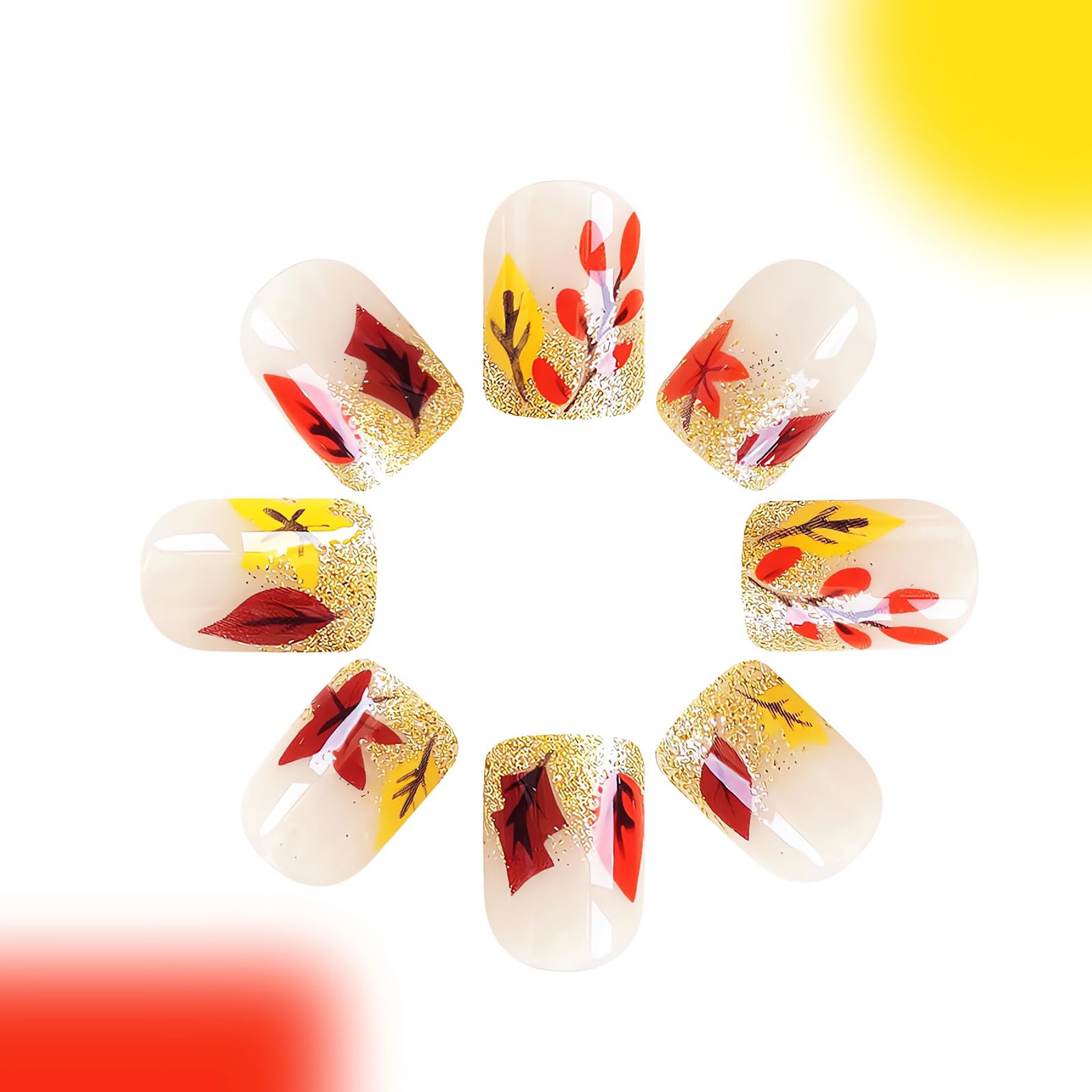 Maple Leaf Press on Nails - Short Square Fake Nails with Glossy Gold Glitter | Full Cover Fall Leaves Design | Autumn Thanksgiving Nail Art Decor for Women | Perfect for Thanksgiving Parties, Halloween Costumes & Seasonal Nail Fashion