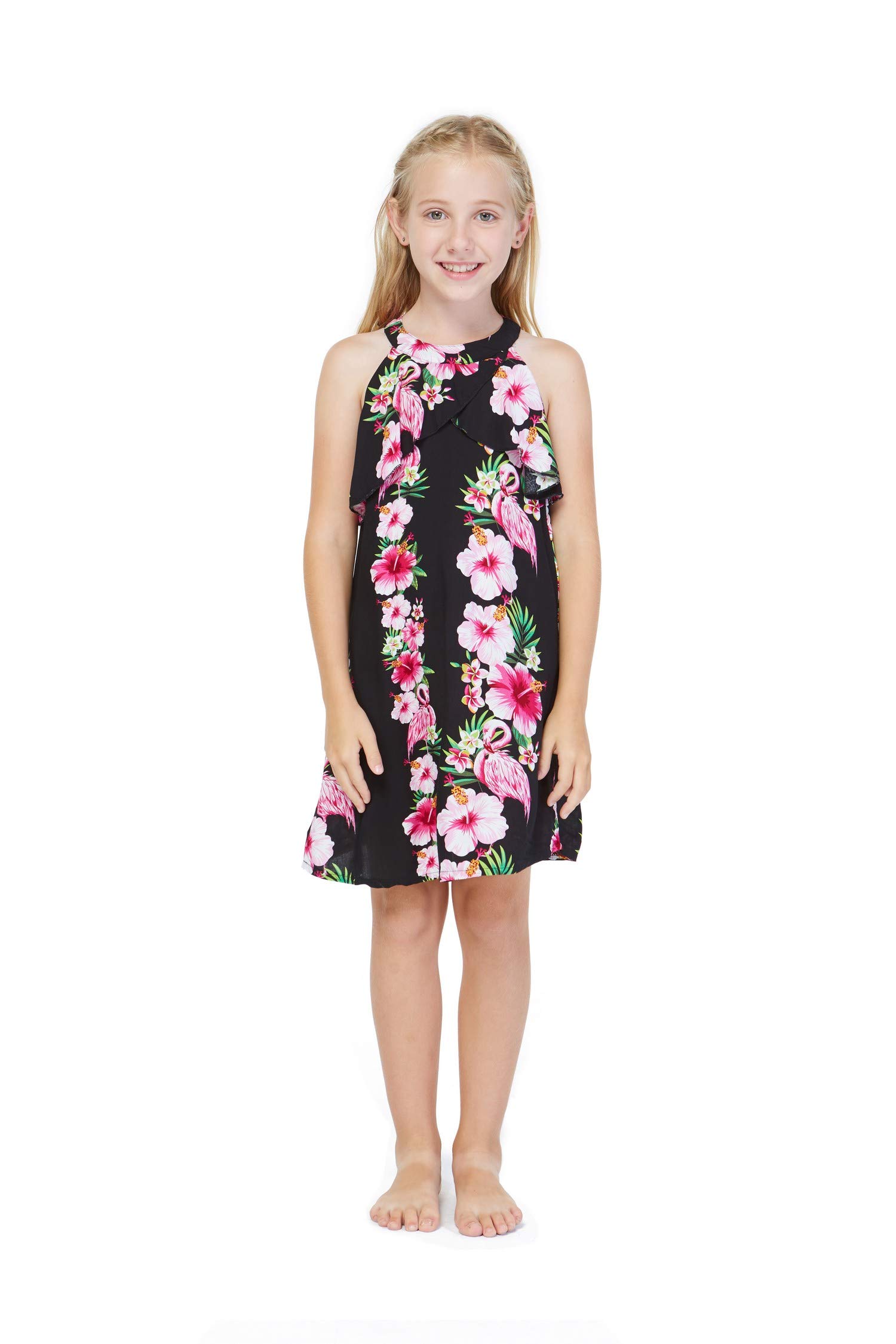 Hawaiian Luau Matching Outfits for Mother and Daughter - Pink Hibiscus Vine Tank Top & Ruffle Dress Set | Tropical Beach Party, Family Vacation, Summer Photoshoot