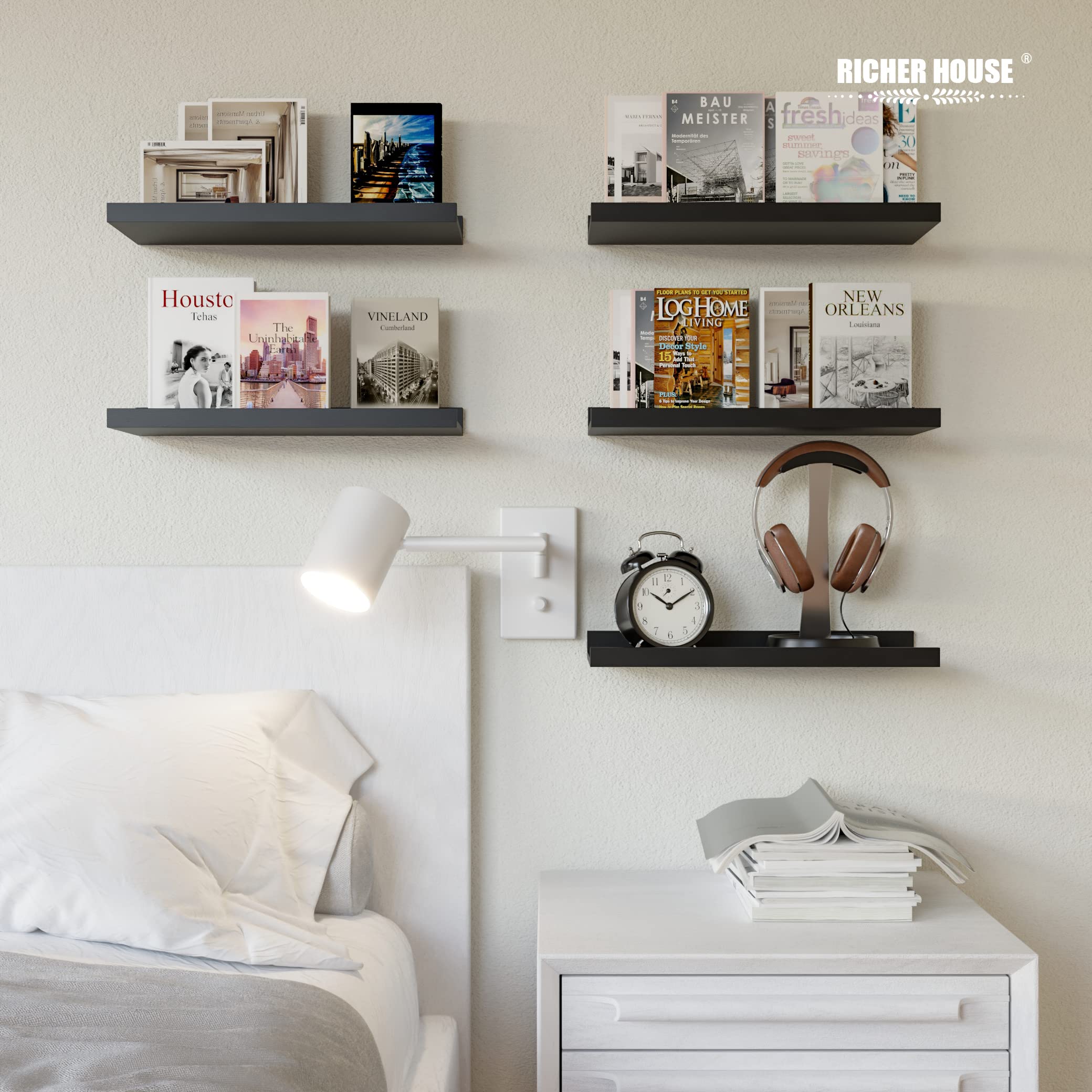 RICHER HOUSE 5-Piece Floating Wall Shelves Set - Black Modern Picture Ledge with Lip for Storage | Wall Decor for Nursery, Bedroom, Living Room & Bathroom - Perfect for Displaying Photos, Books & Decorative Items