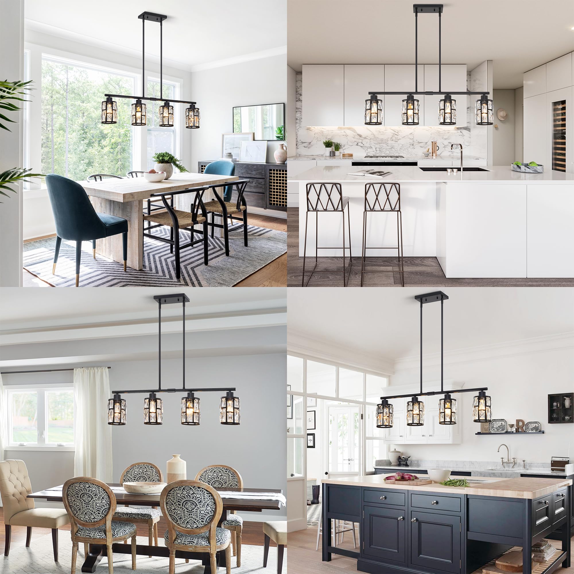 Farmhouse Matte Black Crystal Pendant Light Fixture - Modern Chandelier for Kitchen Island, Dining Room & Ceiling Lighting Over Table | Perfect for Rustic, Industrial & Contemporary Home Decor