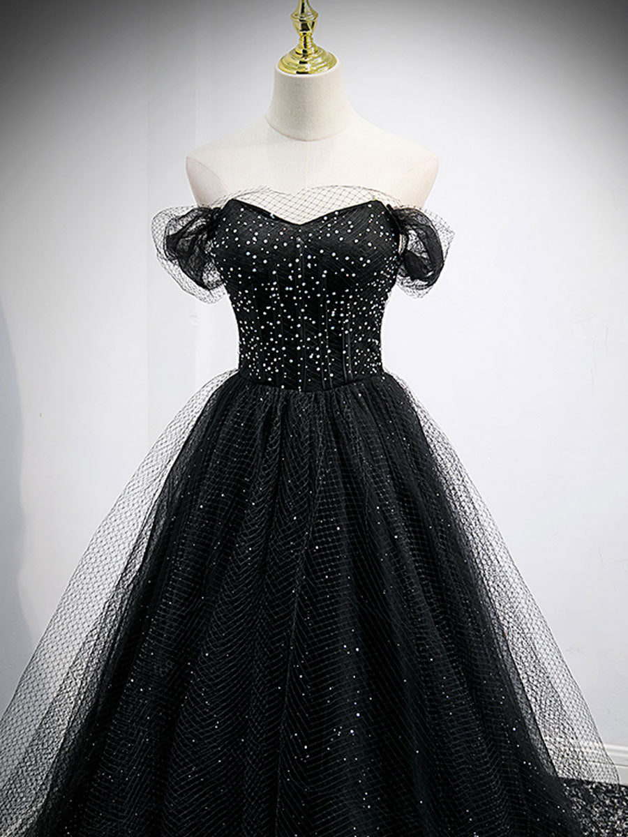 Elegant Black Sweetheart Off-Shoulder Tulle Long Prom Dress for Women | Formal Evening Gown for Homecoming, Wedding, Party & Special Occasions
