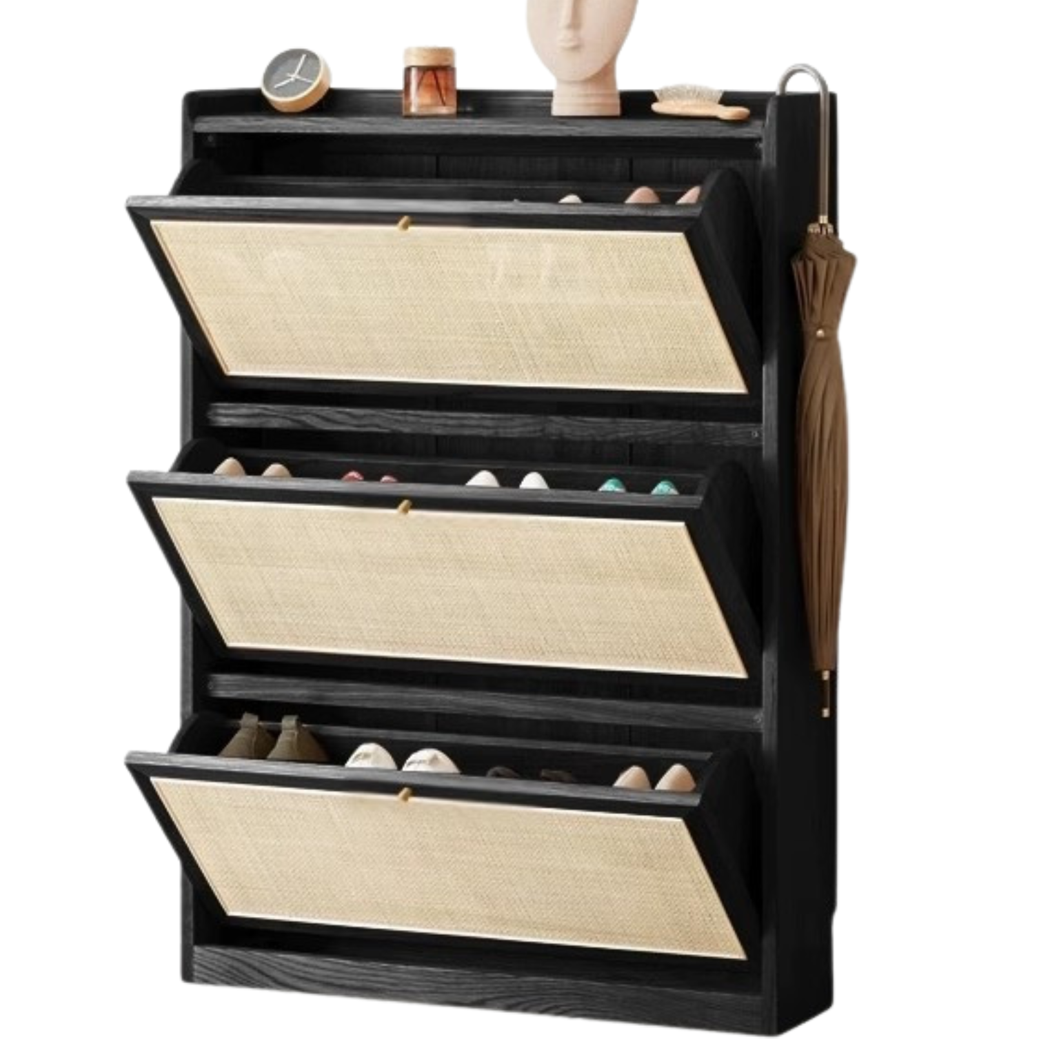 Oak Solid Wood Ultra Thin Flap Door Rattan Shoe Cabinet - Space Saving Entryway Storage Organizer for Hallway, Closet & Mudroom