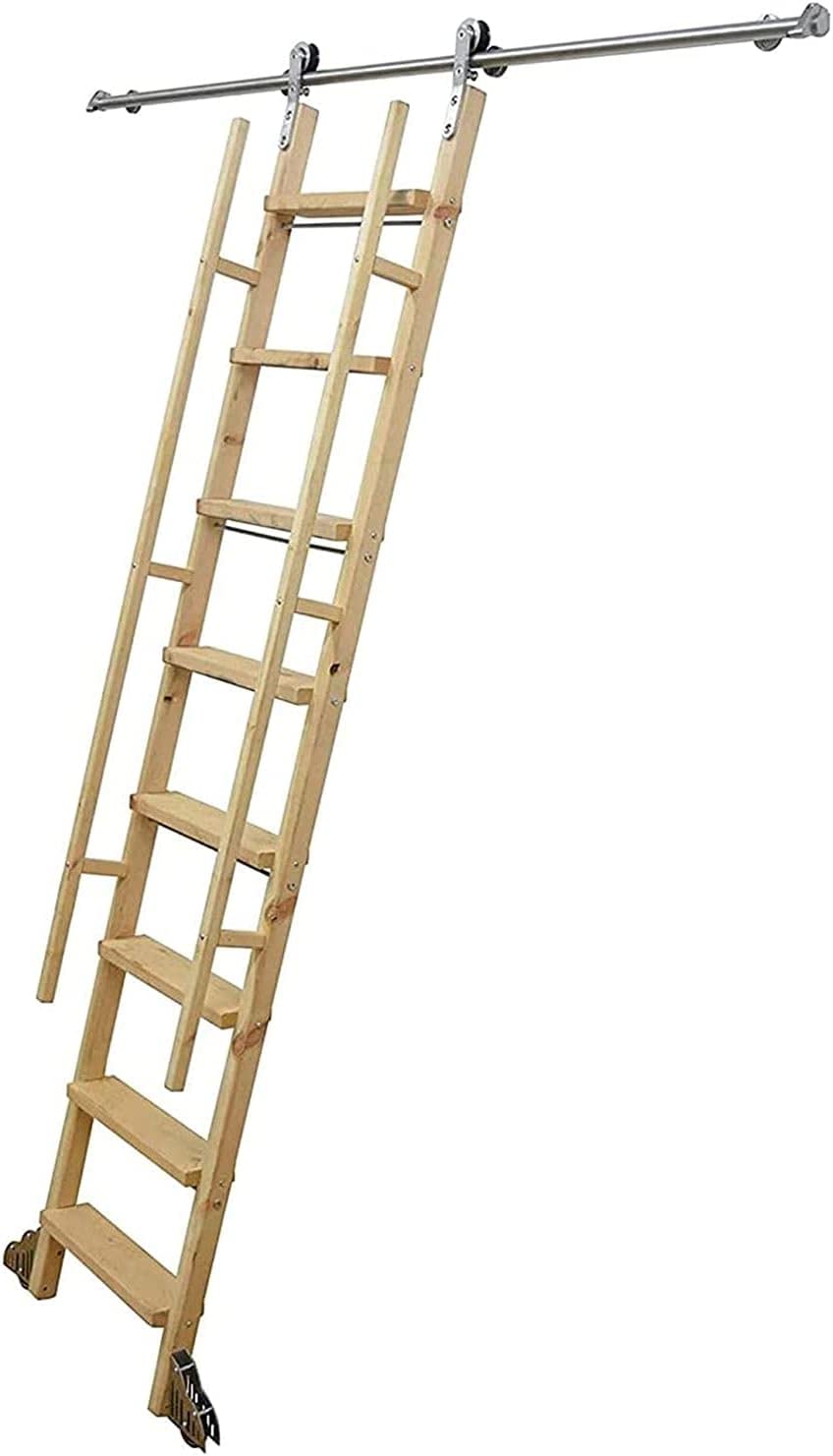 Stainless Steel Ladder Hardware Kit with Extension Rails - 6.6ft to 13ft Retractable Rolling Ladder Hardware for Library, Loft, or Warehouse Use