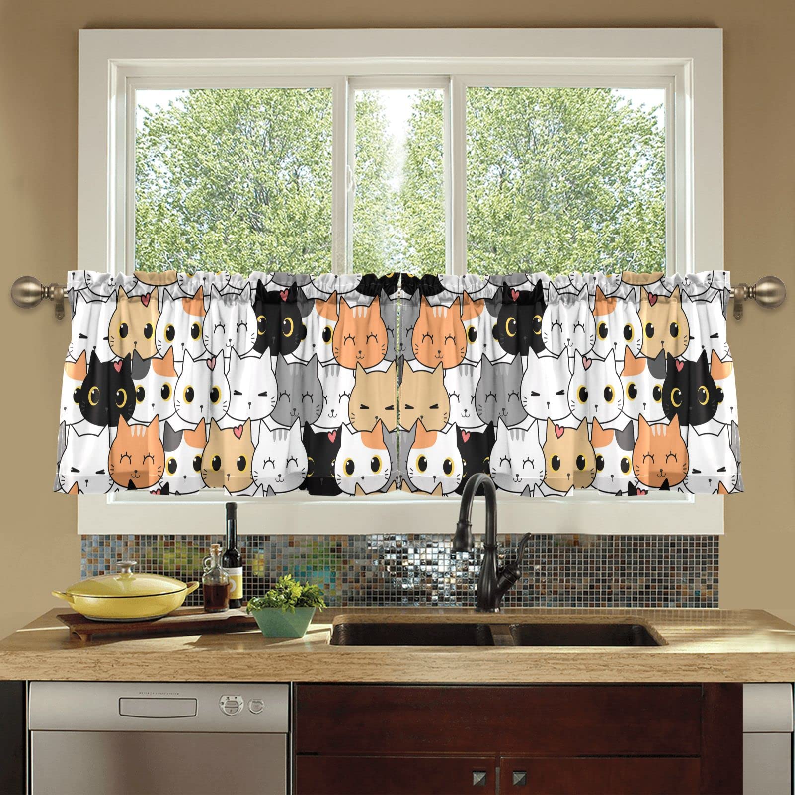 Sinestour Cat Kitten Cartoon Kitchen Curtains - Washable Short Cafe Curtains for Small Windows (57x36 Inch, 2 Panels) - Perfect for Farmhouse, Kitchen, Bathroom & Basement Half Windows | Cute Home Decor & Window Treatment