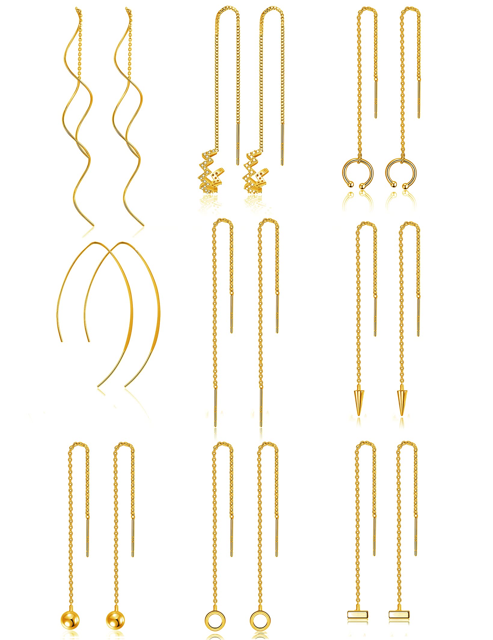 Ofeiyaa 9 Pairs Threader Earrings Set - Silver & Gold Wave Ball Tassel Dangle Drop Earrings for Women | Minimalist Chain Jewelry for Everyday Wear, Parties & Special Occasions