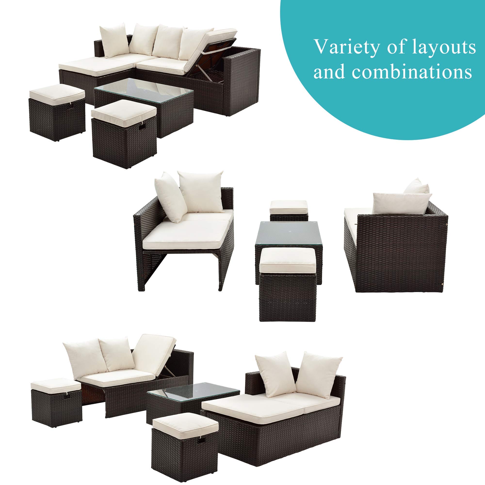 5-Piece Outdoor Rattan Patio Furniture Set with Comfortable Cushions & Glass Table - Brown Wicker & Beige Cushion (48.8