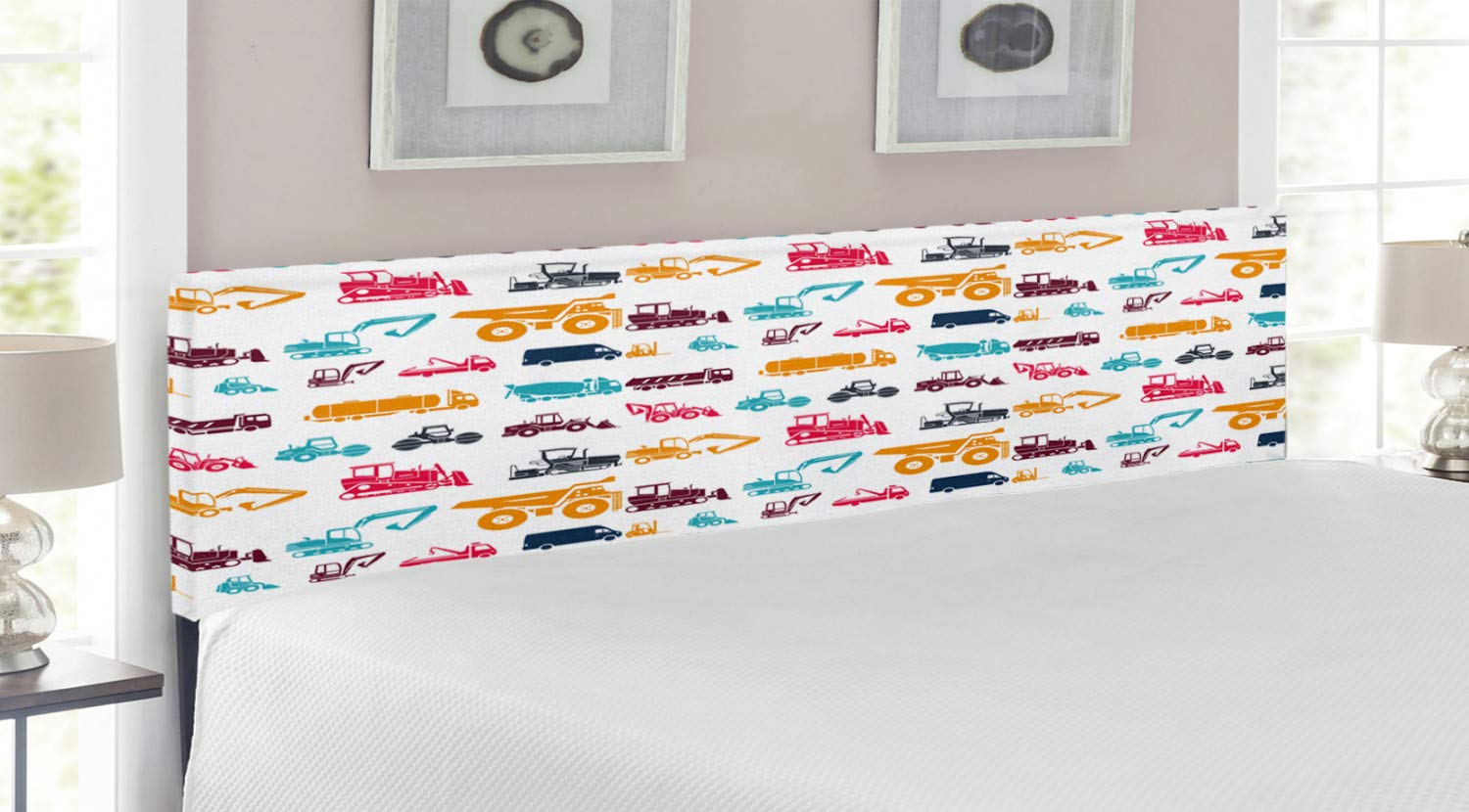 Ambesonne Construction Headboard - Heavy Trucks & Bulldozer Print Upholstered Metal Bed Headboard with Memory Foam, King Size, Multicolor - Perfect for Boys' Room, Construction Theme Bedroom & Truck Lovers