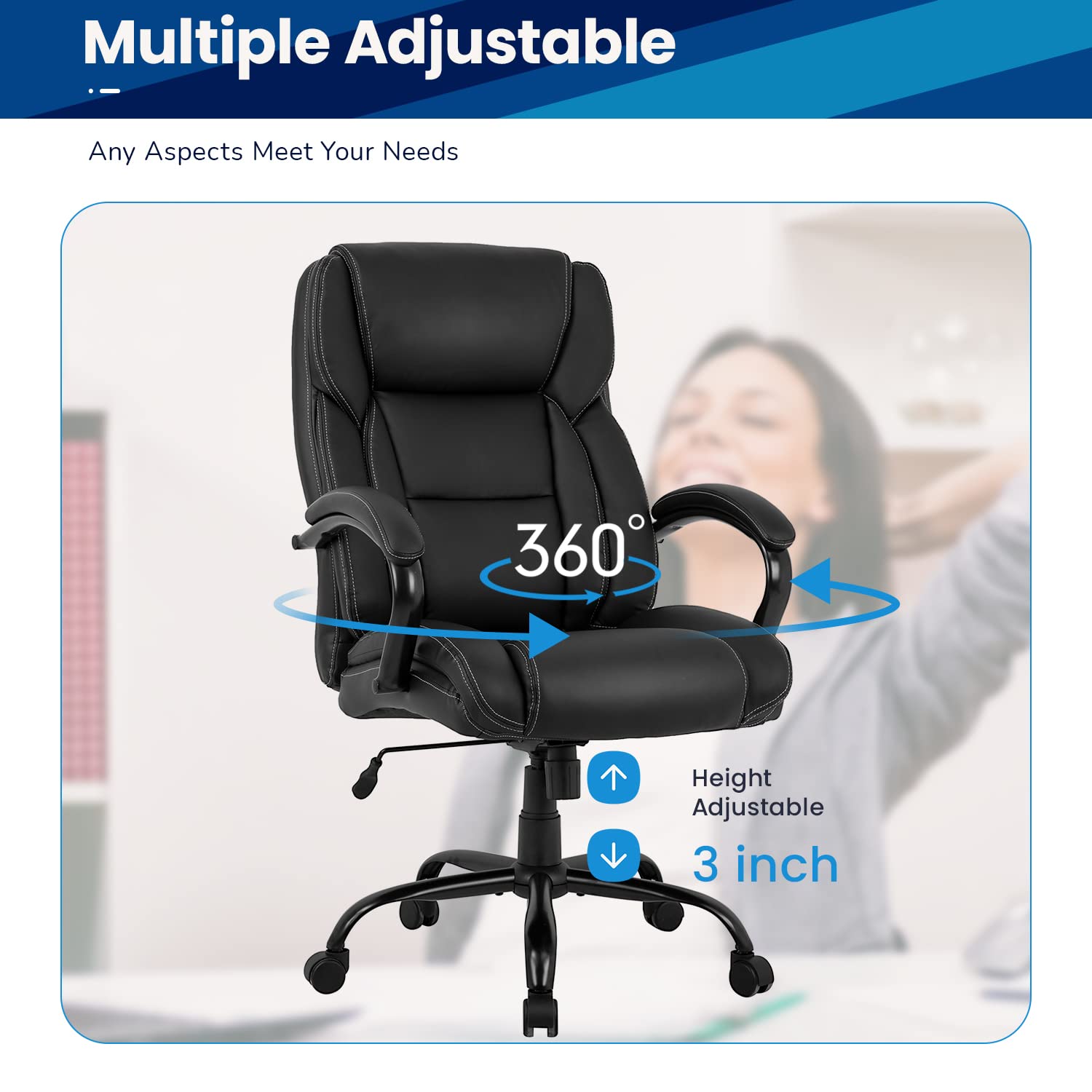 Big and Tall Office Chair 500lbs - Heavy Duty Ergonomic Executive Desk Chair with High Back, Lumbar Support & Headrest - Swivel Computer Chair for Women & Men - Black - Perfect for Home Office, Gaming & Workspaces
