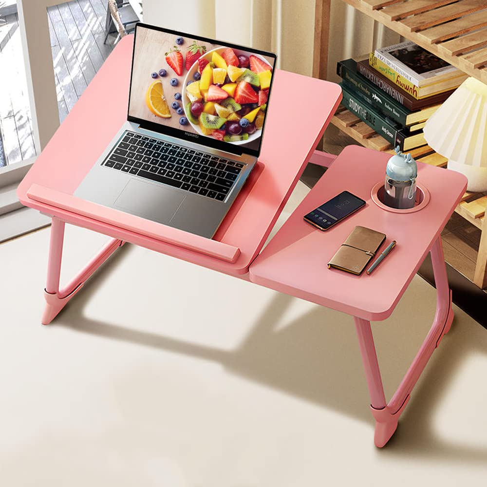 Foldable Adjustable Laptop Desk for Bed with Cup Holder - Portable Notebook Stand, Bed Tray Table for Working, Studying & Eating in Bed (Pink) - Perfect for Home Office, Dorm Room & Cozy Workspaces