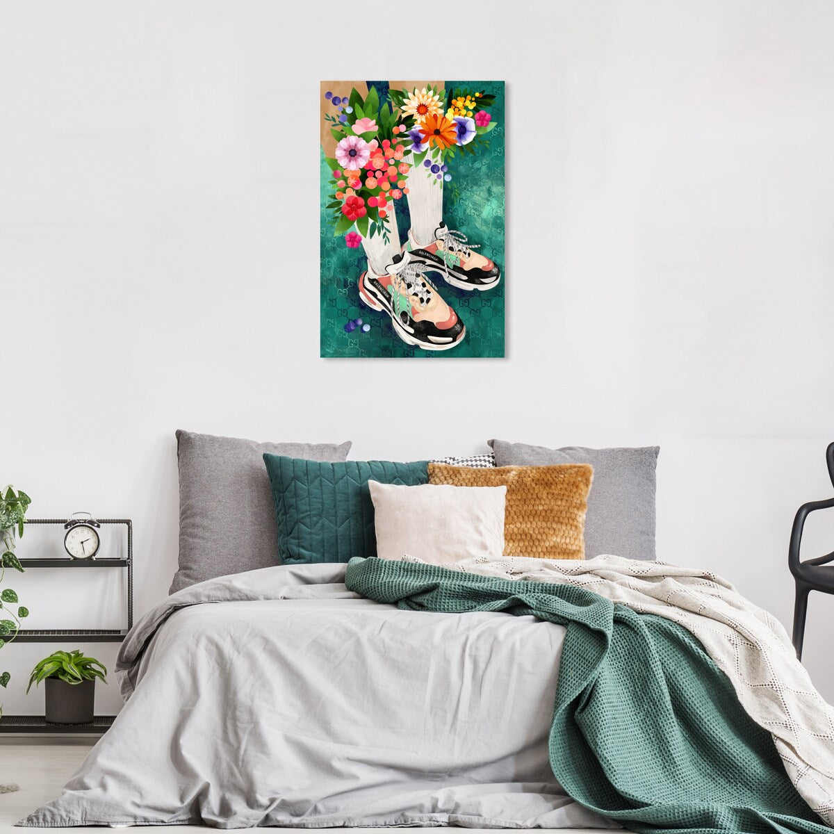 Stylish Floral Sneakers & Socks Set - Modern Green Canvas Wall Art Print for Bedroom Decor | Trendy Outfit Combo for Women, Fashionable Home & Office Wear