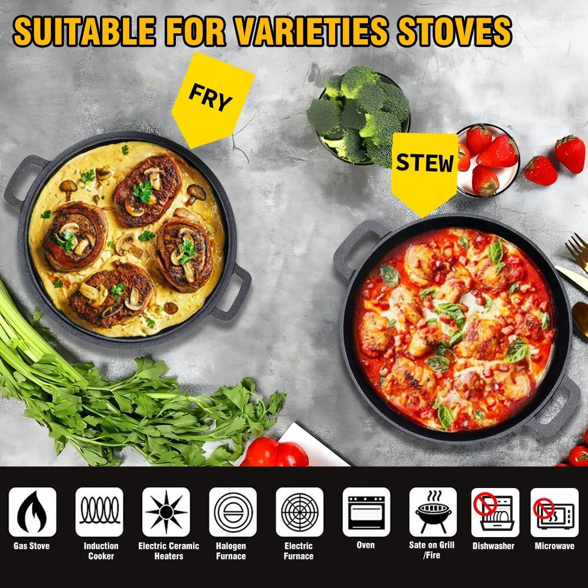 2-in-1 Pre-Seasoned Cast Iron Dutch Oven with Lid - 5.5 Quart Enameled Cookware Set for Camping, Lodge & RV - Perfect for Stews, Baking Bread & Outdoor Cooking