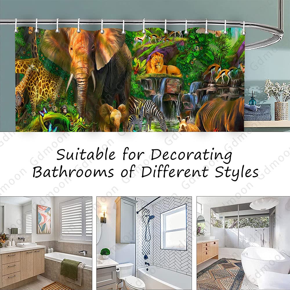 Forest Animal Shower Curtain - Waterproof 72x72 Inch Rainforest Jungle Bath Curtain with 12 Hooks, Featuring Giraffe Elephant Leopard Tropical Safari Design for Kids & Adults - Perfect for Bathroom Decor, Nursery, and Jungle Theme Parties