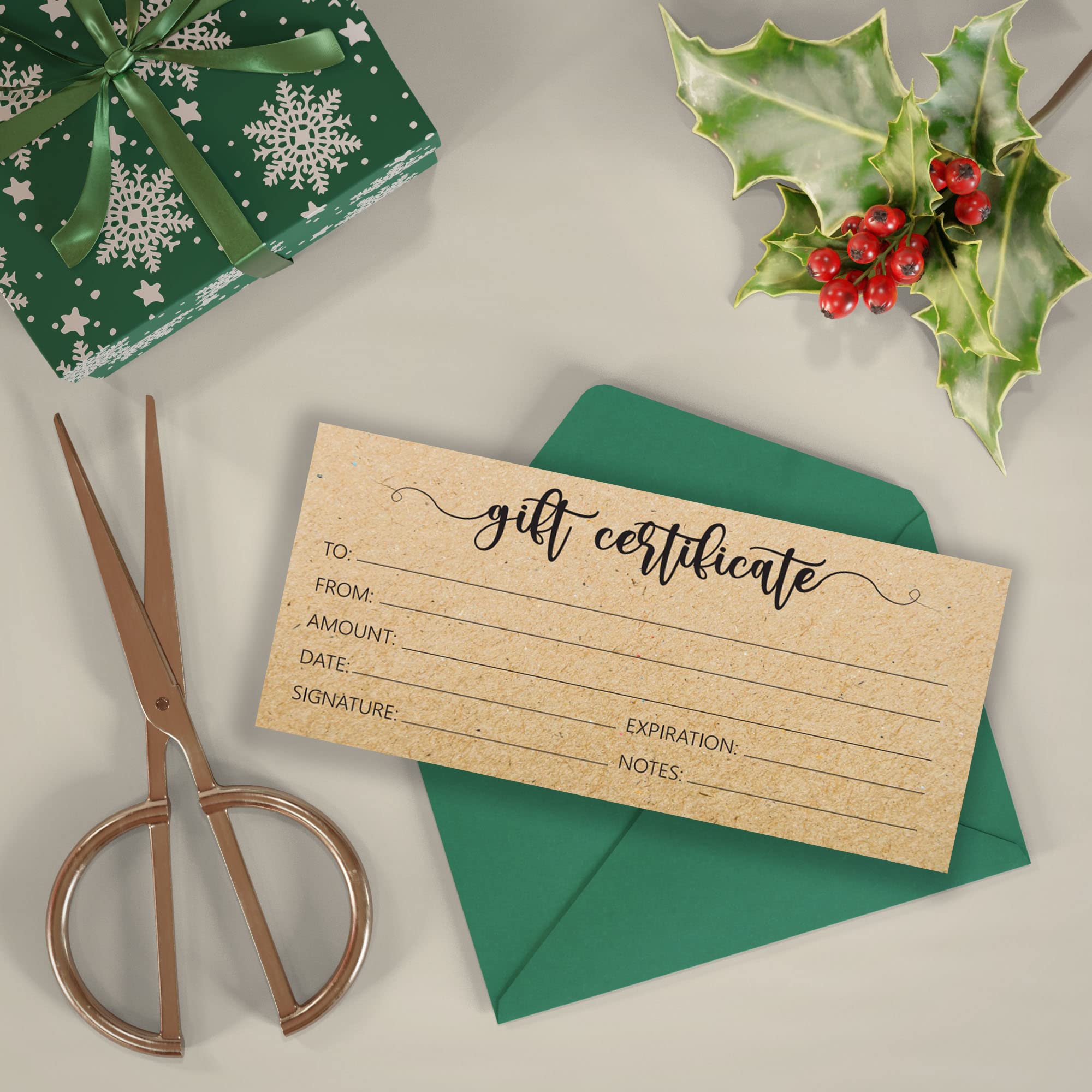 25 Rustic Blank Gift Certificate Cards for Business - Customizable Vouchers for Spa, Salon, Restaurants, Birthday Gifts (4x9 Inches, Kraft Design) - Perfect for Client Appreciation, Employee Rewards & Special Occasions