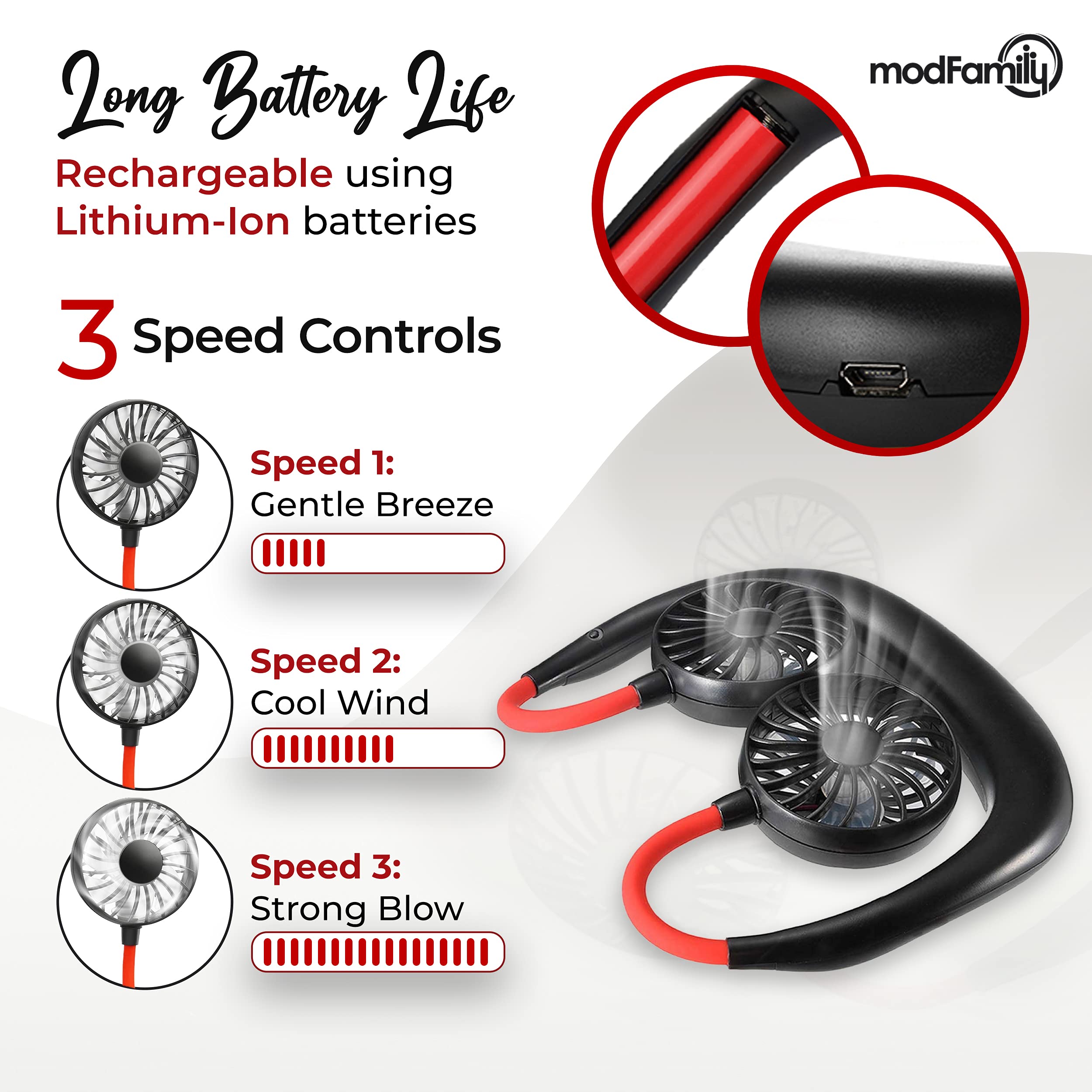Portable Neck Fan 360° Rotatable with 3 Speeds - Rechargeable for Outdoor & Office Use