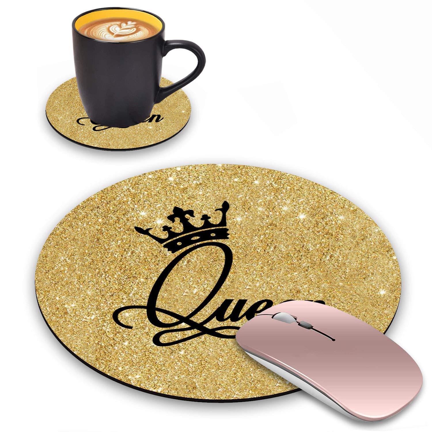 Gold Glitter Crown Queen Design Round Mouse Pad with Coasters Set - Non-Slip Rubber Base for Laptop & Computer - Perfect for Office, Gaming & Home Workspace Accessories