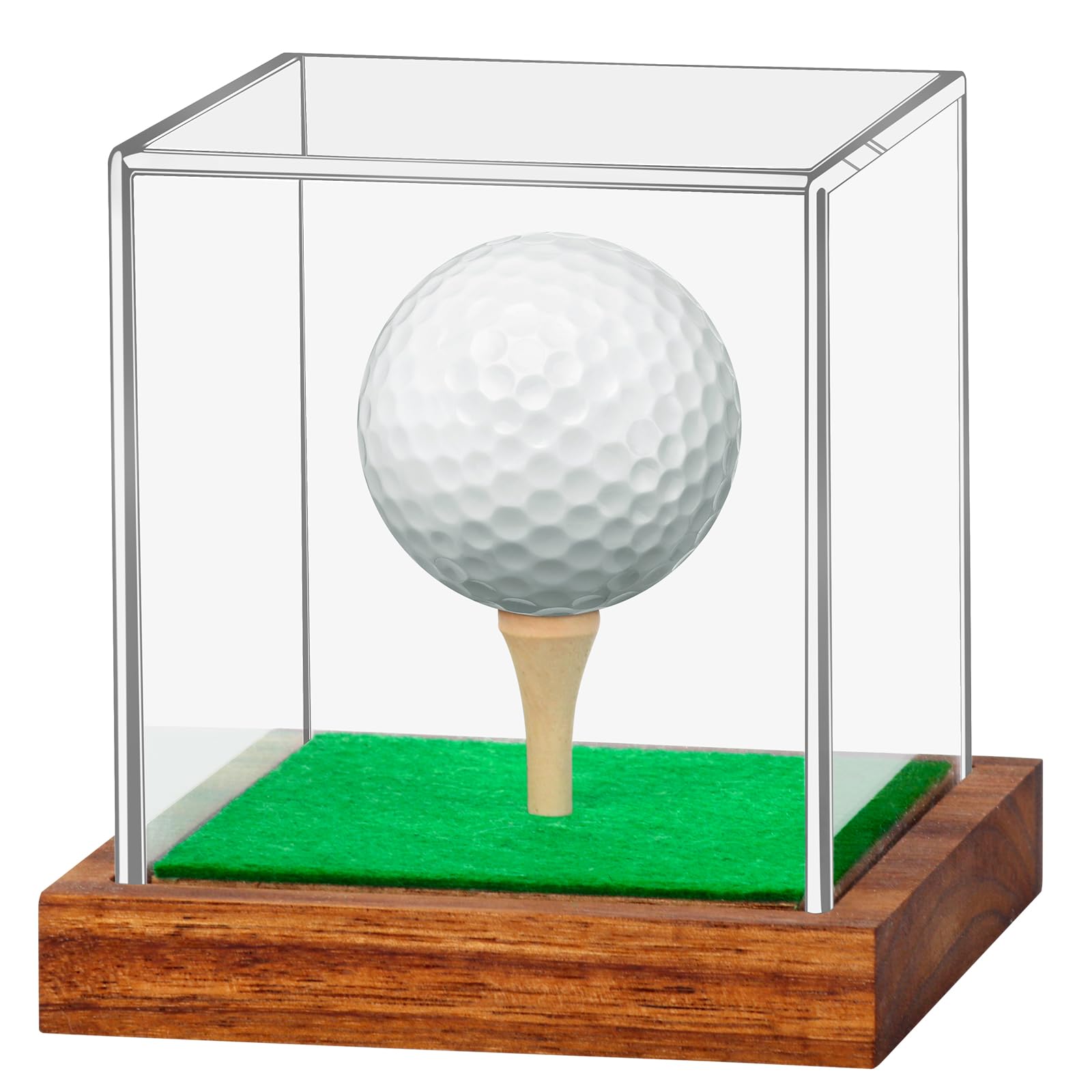 Clear Acrylic Golf Ball Display Case with Wood Base & Tee - Premium Memorabilia Stand Cube Holder for Single Golf Balls - Dustproof Transparent Storage Box for Collectible Golf Ball Souvenirs - Perfect for Home, Office, or Golf Club Decor