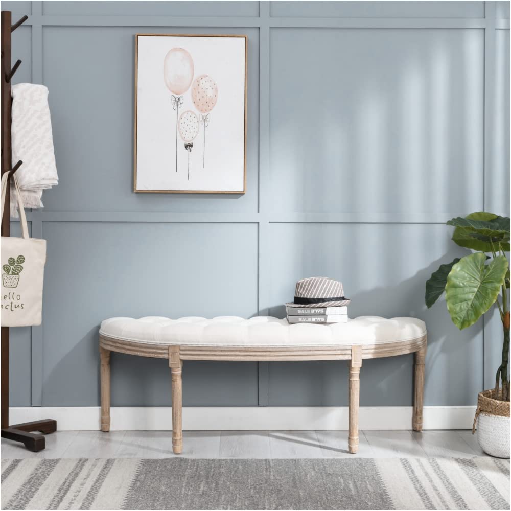 Half Moon French Vintage Bench with Padded Seat - Rubberwood Legs & Beige Fabric Upholstery | Elegant Entryway, Bedroom or Living Room Seating