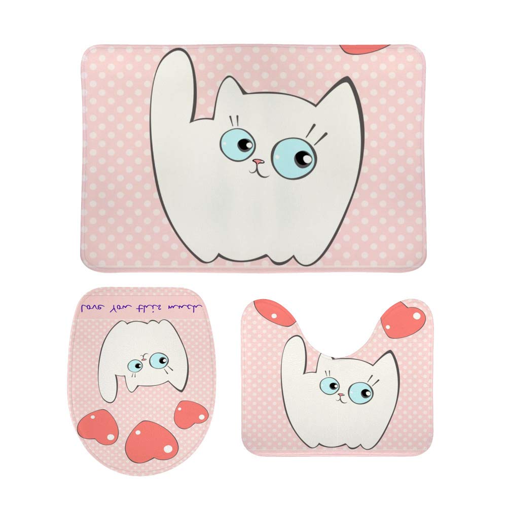 3-Piece Cute White Kitten Bath Rug Set - Anti-Slip Absorbent Bath Mats, Toilet Lid Cover & U-Shaped Contour Rug - Machine Washable for Bathroom Safety & Comfort - Perfect for Cozy Home Decor and Pet-Friendly Spaces