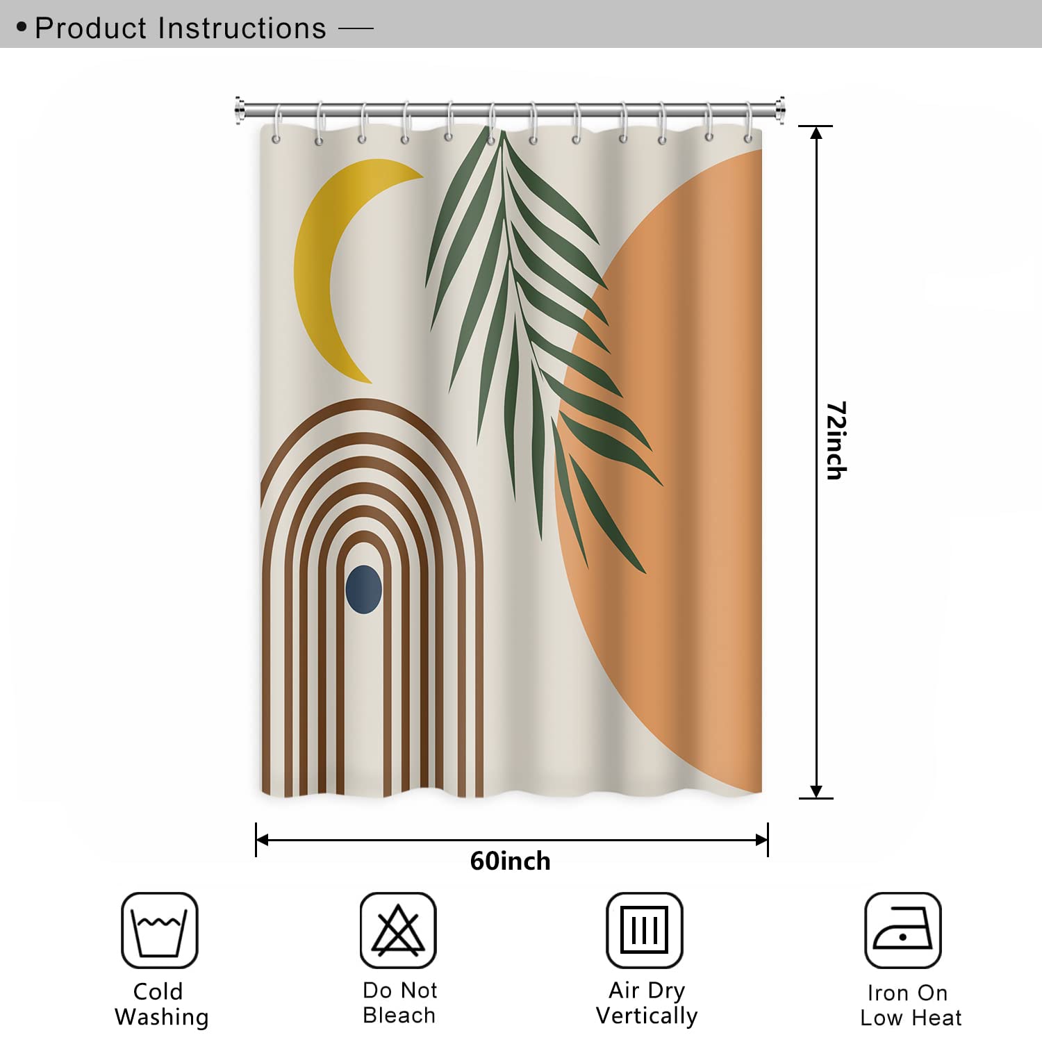Mid Century Abstract Boho Shower Curtain - Moon & Eucalyptus Leaves Orange Bathroom Decor with Hooks, 60x72 Inch Modern Minimalist Geometric Design for Stylish Bathroom Upgrade | Perfect for Boho, Scandinavian & Contemporary Bathrooms