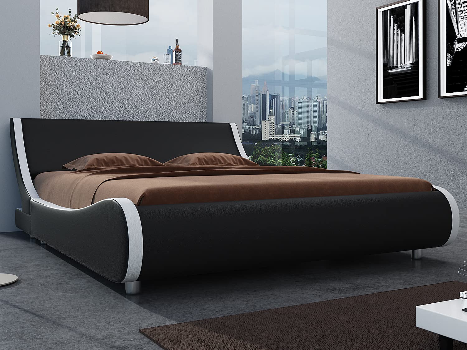 Modern Low Profile Platform Bed Frame Queen Size - Faux Leather Upholstered Sleigh Bed with Adjustable Headboard, No Box Spring Needed in Black & White | Perfect for Small Bedrooms, Guest Rooms & Contemporary Home Decor