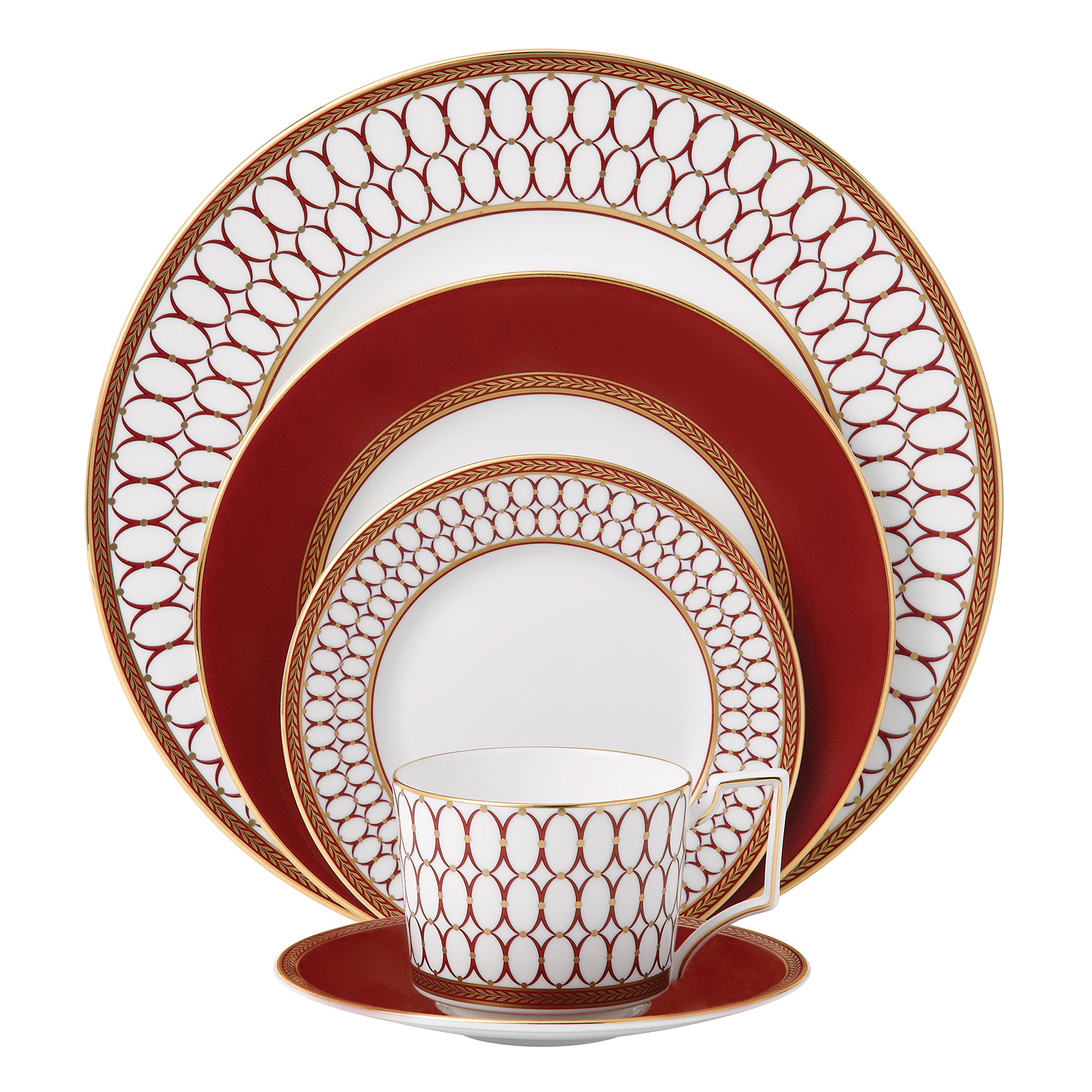 Renaissance Red 5-Piece Dinner Plate Set - Elegant Ceramic Plates for Fine Dining, Wedding, and Holiday Table Settings