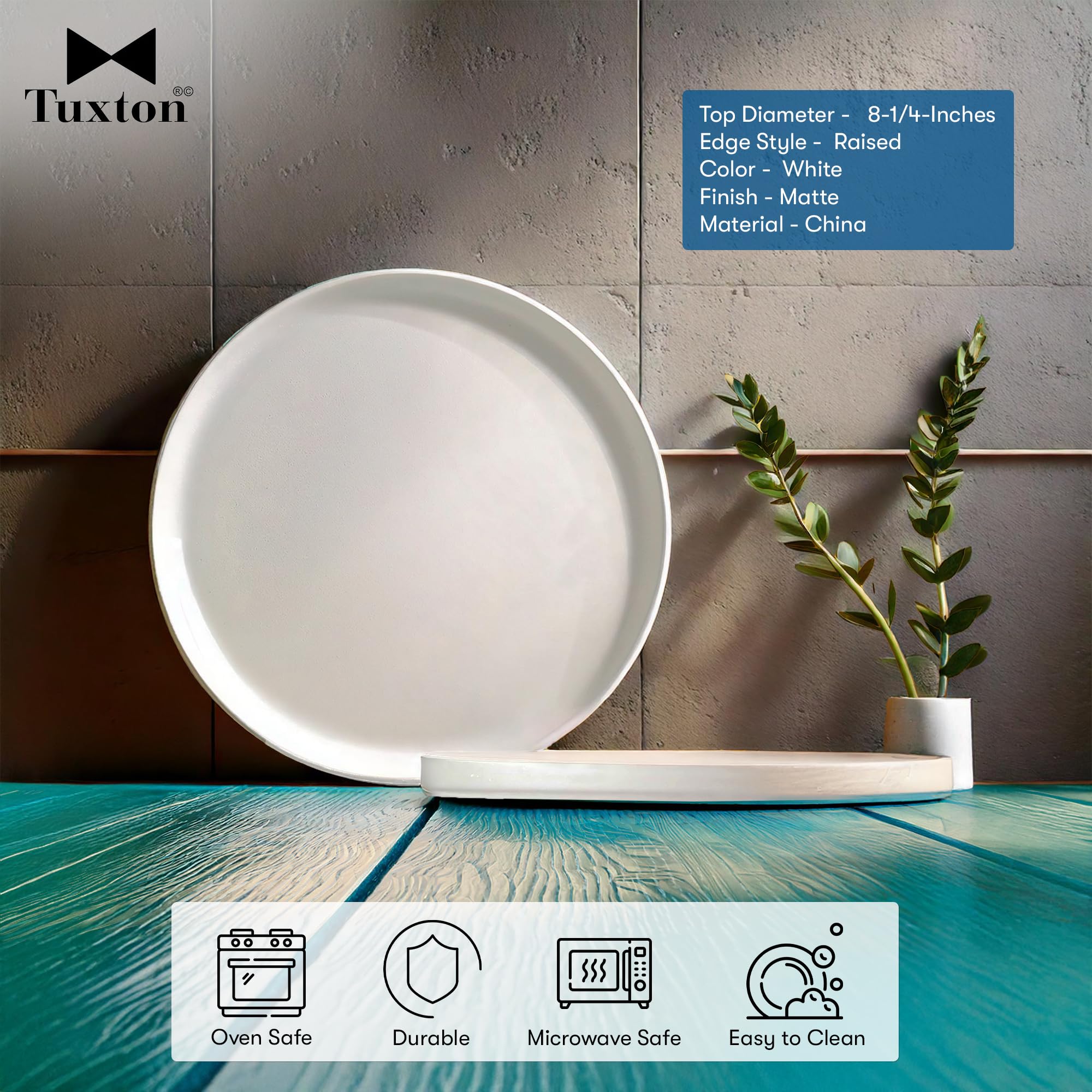 Tuxton Zion Plate Straight Side - Set of 12, 8.25 x 0.75 Inch Matte White Dinner Plates - Lifetime Edge Chip Warranty - Microwave, Oven & Dishwasher Safe - Perfect for Restaurants, Catering & Everyday Dining