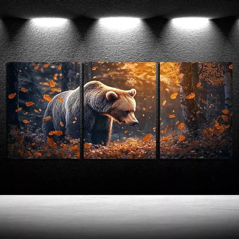3-Piece Bear in Autumn Leaves Wall Art Set - Framed Canvas 50x70cm (19.7x27.6in) - High Quality Print - 100% Australian Made - Ready to Hang - Perfect for Living Room, Bedroom & Office Decor