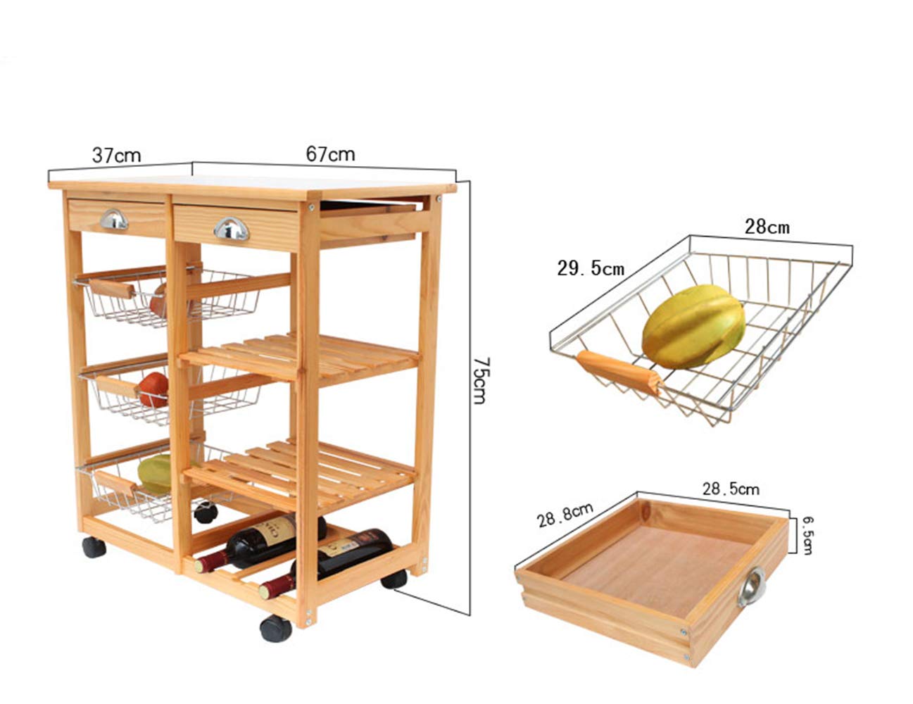 White Wooden Rolling Utility Cart with 2 Drawers & 3 Baskets - Mobile Kitchen Storage Cart with Wine Rack, Microwave Stand & Wheels for Dining Room, Living Room & Small Space Organization