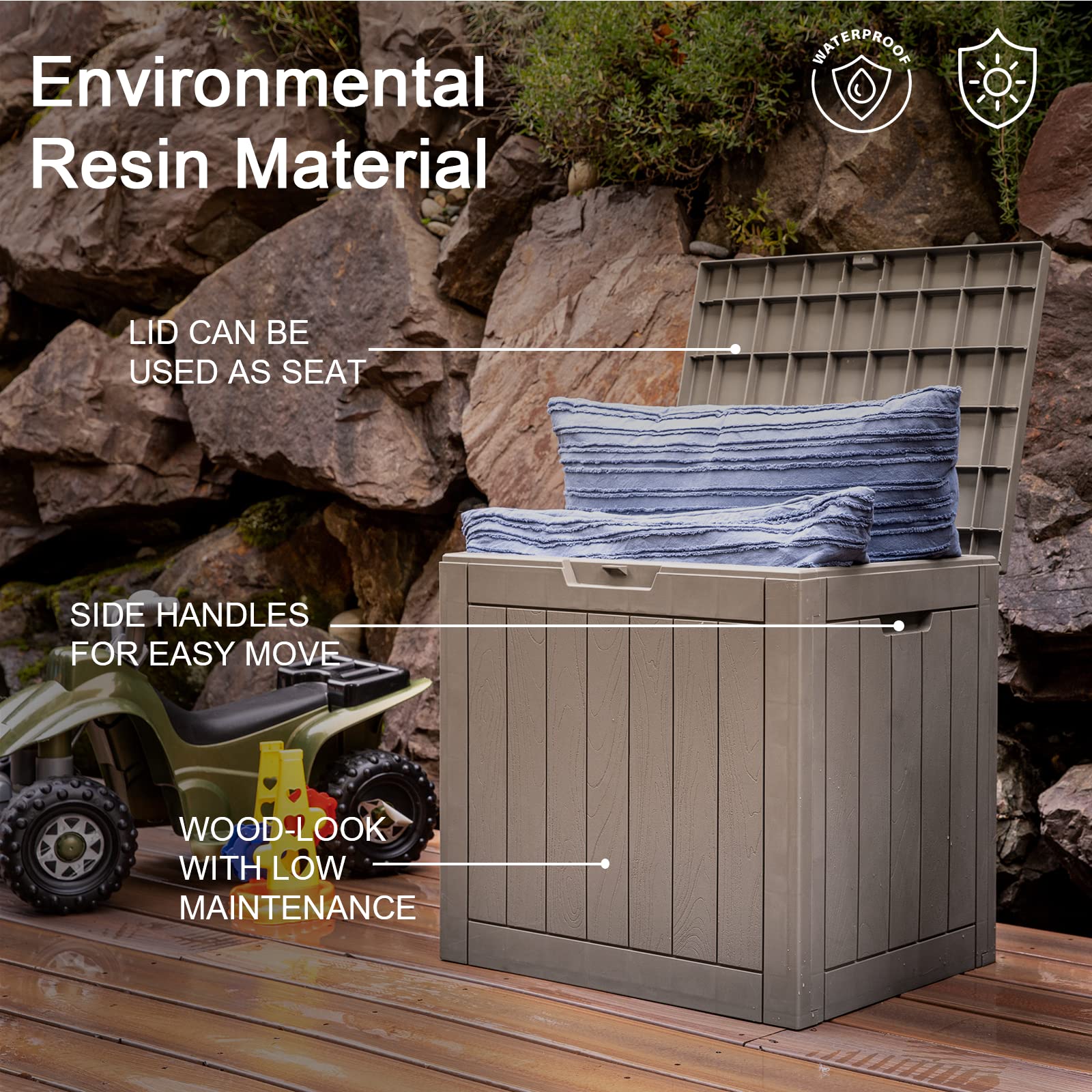 30 Gallon Waterproof Deck Box with Lock - Outdoor Storage for Patio Tools, Cushions, Garden Supplies & Pool Accessories | Durable Taupe Delivery Box for Backyard, Deck & Poolside Organization