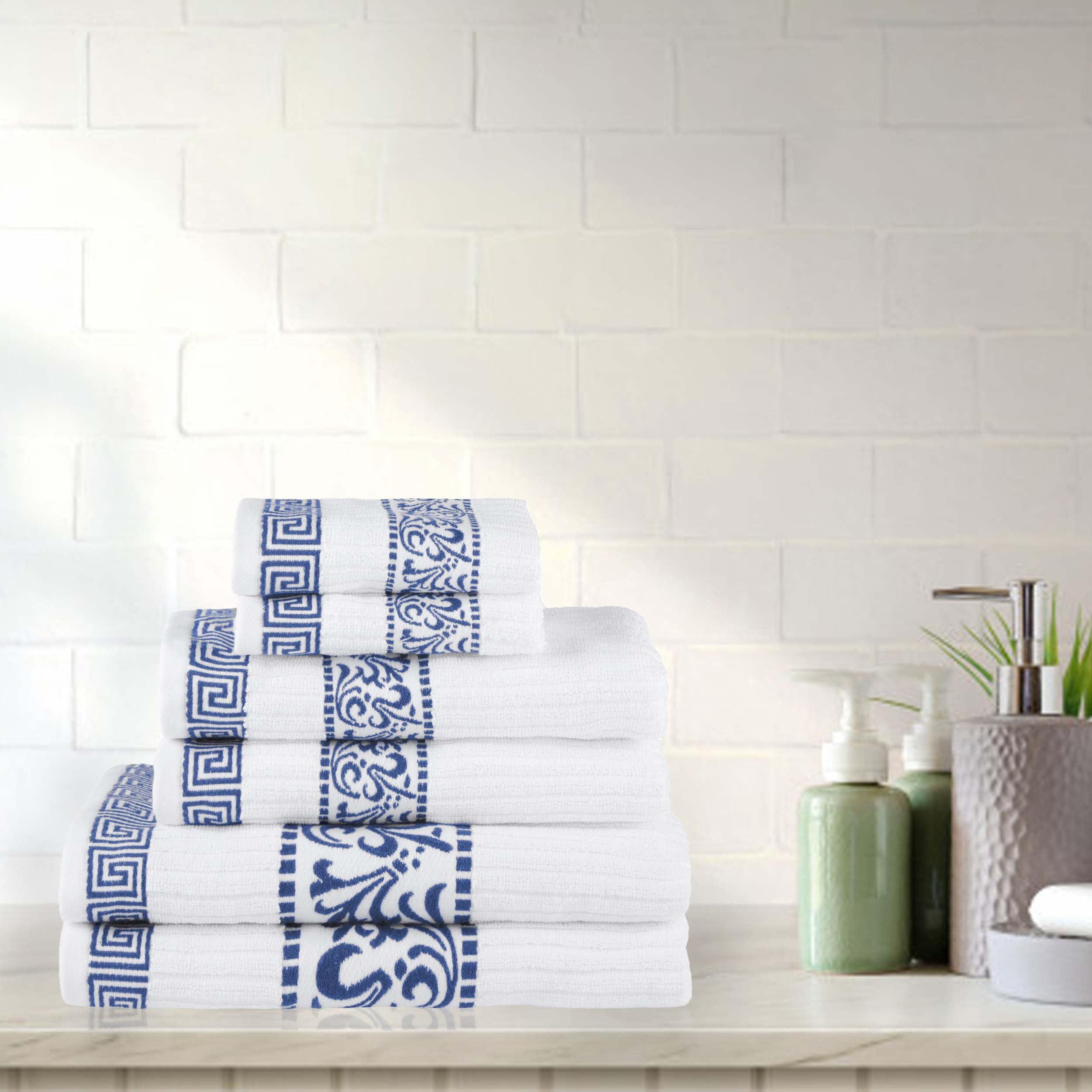 Athens Cotton Greek Scroll and Floral 6-Piece Bath Towel Set - Soft & Absorbent for Bathroom, Spa, and Beach Use