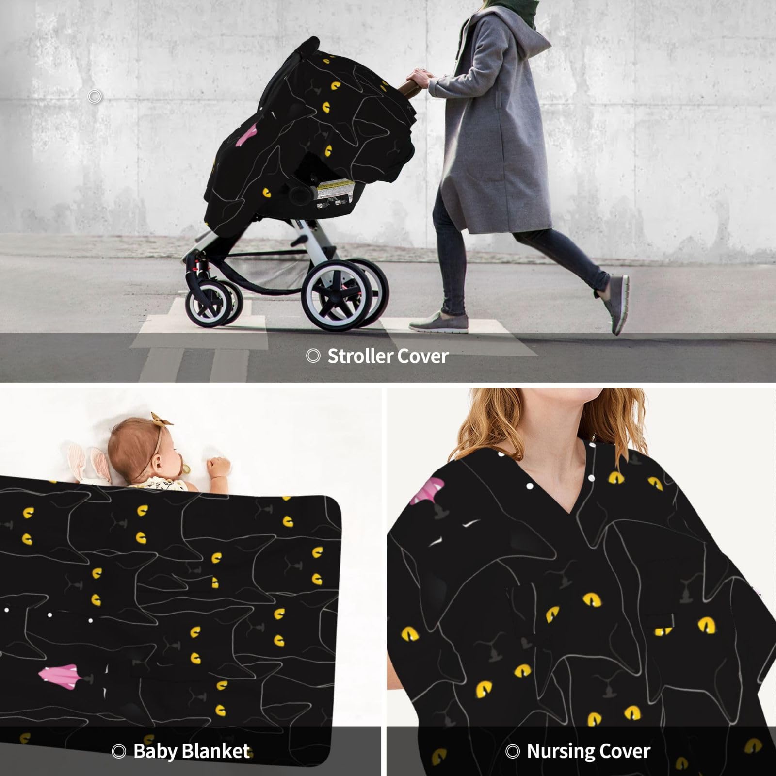 Black Cat Car Seat Cover for Babies - Peekaboo Opening & Nursing Canopy for Infant & Newborn | Waterproof & Breathable Car Seat Protector for Travel, Shopping & Daily Use