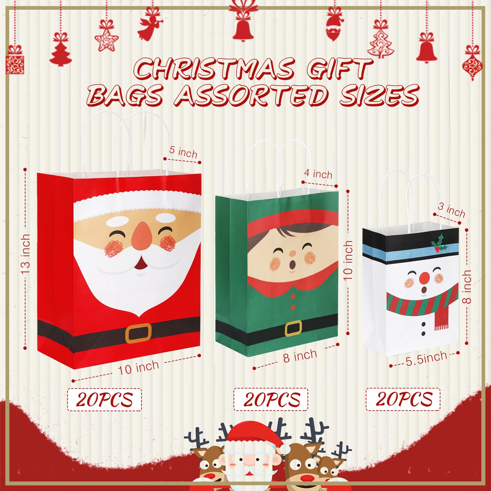 60 Pcs Christmas Kraft Gift Bags Bulk with Handles - Assorted Sizes Holiday Party Favor Bags for Candy, Treats & Gifts - Xmas Goodie Bags for Wrapping, Stocking Stuffers & Classroom Exchanges (Santa Theme)