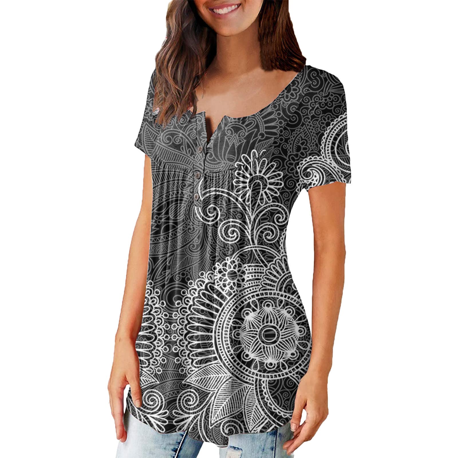 Women's Casual Short Sleeve Tunic Tops - Button Up Ruched Blouse for Leggings | Summer Fashion Tops | Perfect for Office Wear, Weekend Outings & Vacation Outfits
