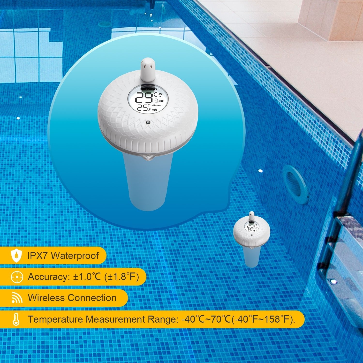 Wireless Pool Thermometer Set IBS P01R - Digital Floating Thermometer for Swimming Pools, Spas & Hot Tubs - Monitor Water Temperature Remotely with LCD Display - Perfect for Backyard, Vacation Homes & Pool Maintenance
