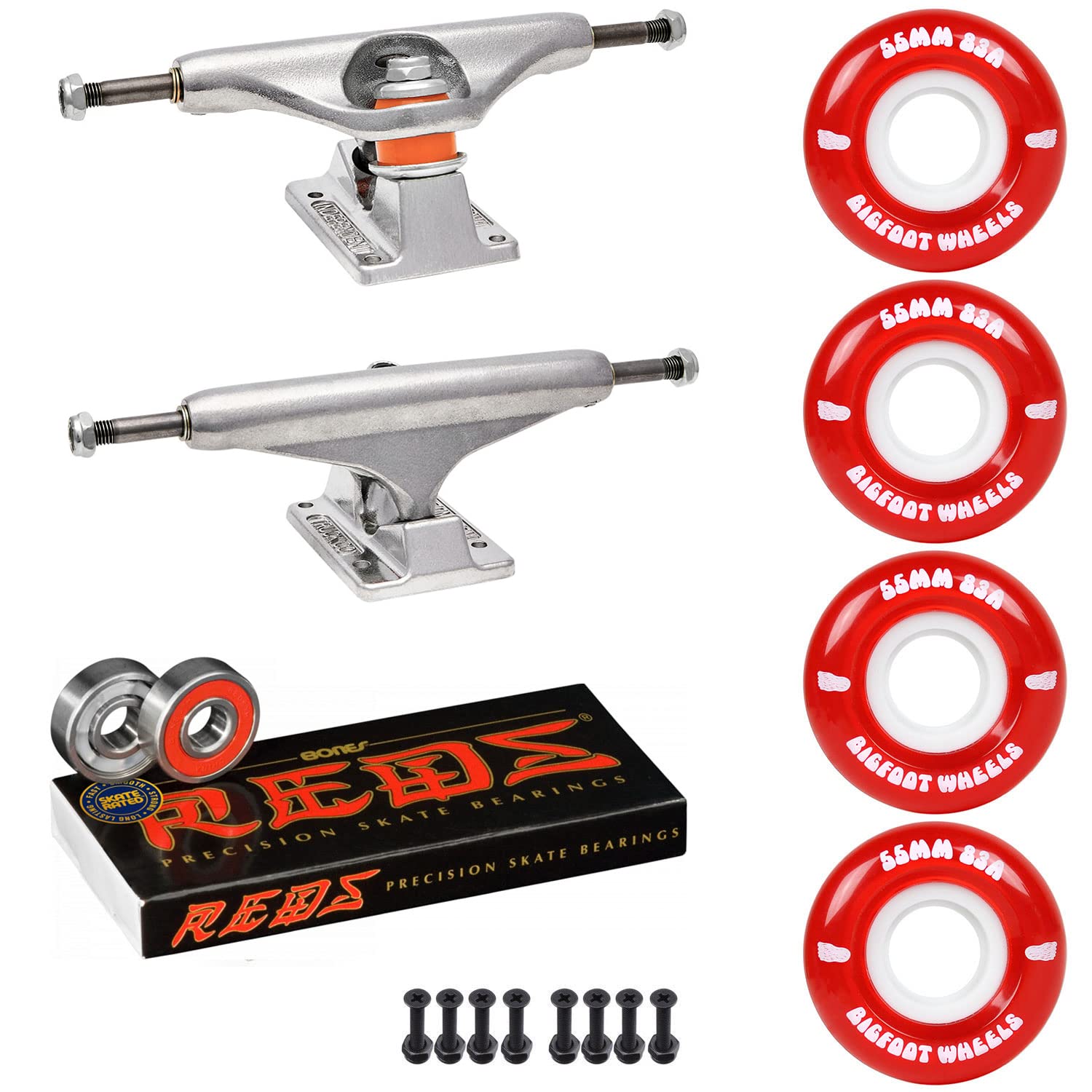 Premium Independent Skateboard Trucks Kit - Bigfoot 55mm 83A Soft Wheels, Bones Reds Bearings, 1