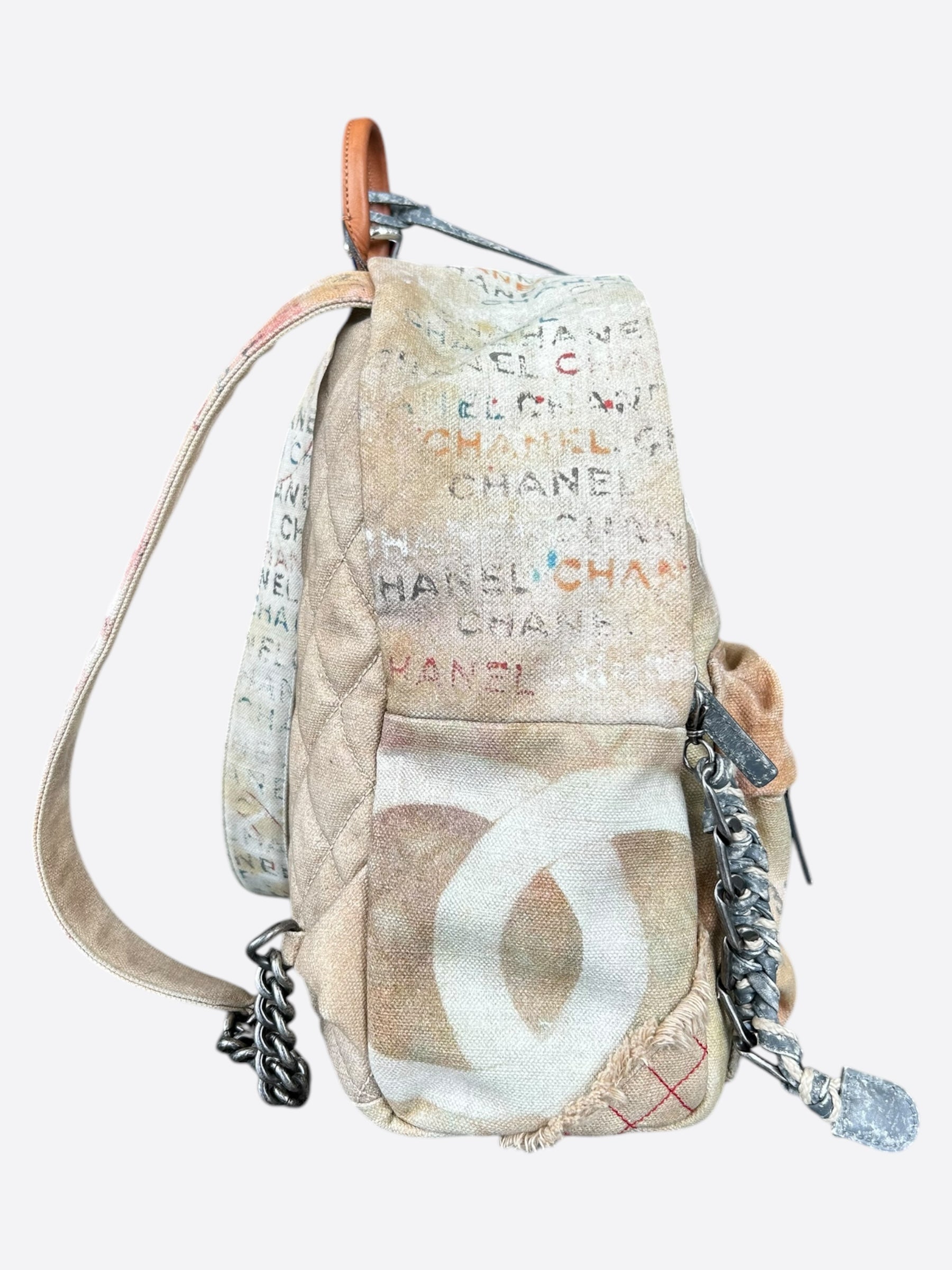 Chanel Beige & White Graffiti Backpack - Luxury Designer Backpack for Women, Trendy Street Style Fashion Accessory - Perfect for Travel, Shopping & Daily Use